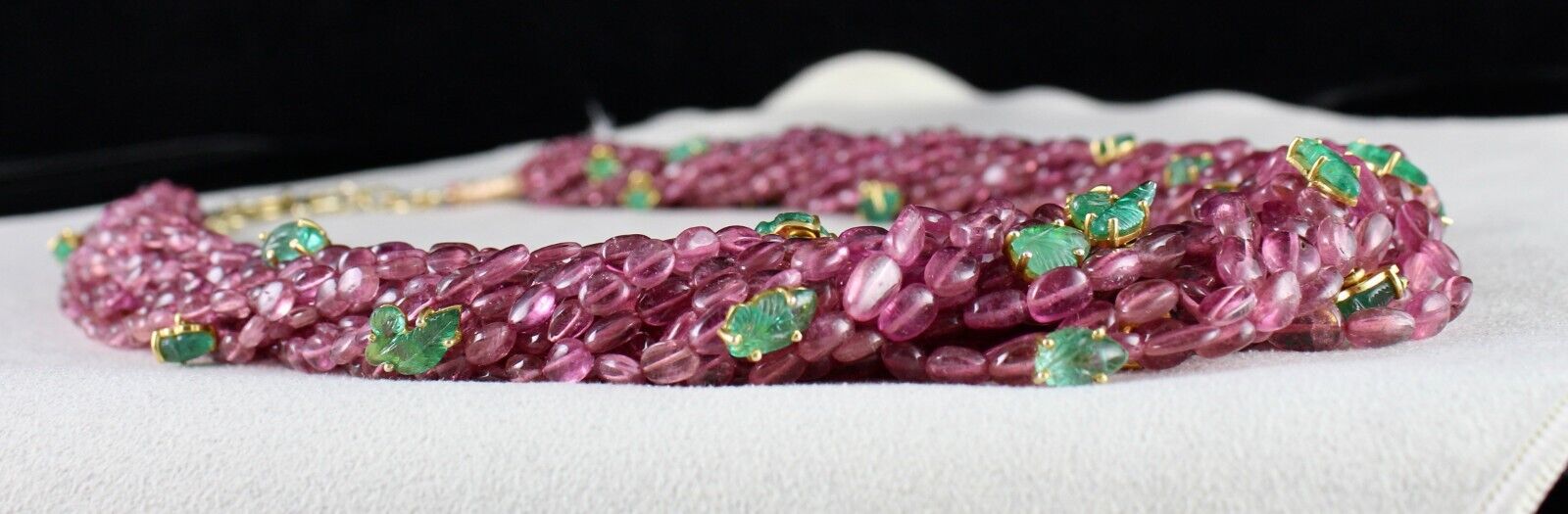 NATURAL PINK TOURMALINE BEADS EMERALD LEAVES 892 CT SILVER STATEMENT NECKLACE