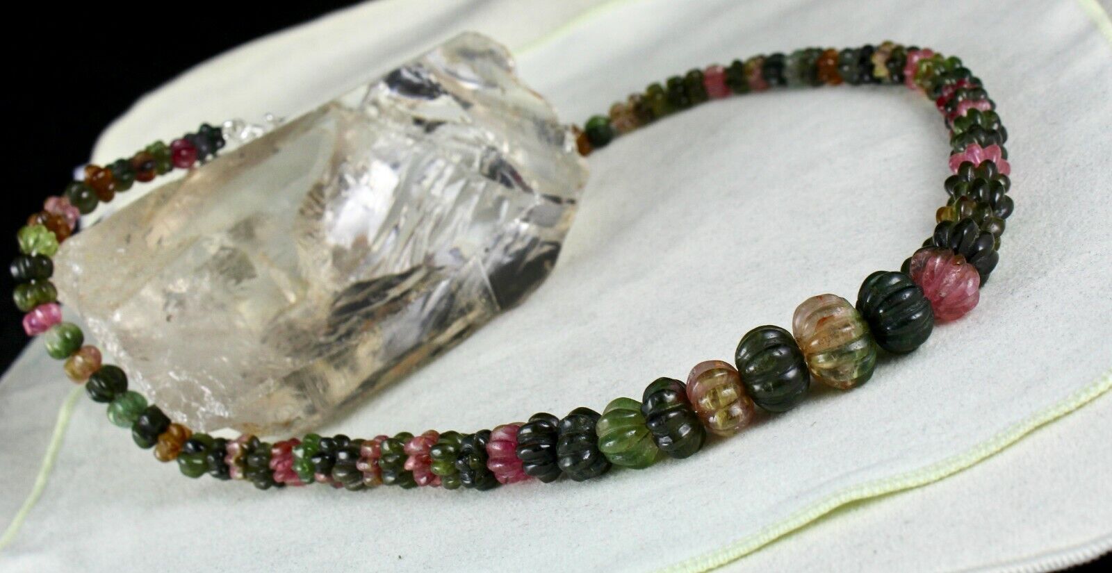 NATURAL MULTI TOURMALINE BEADS MELON CARVED 353 CARATS GEMSTONE SILVER NECKLACE