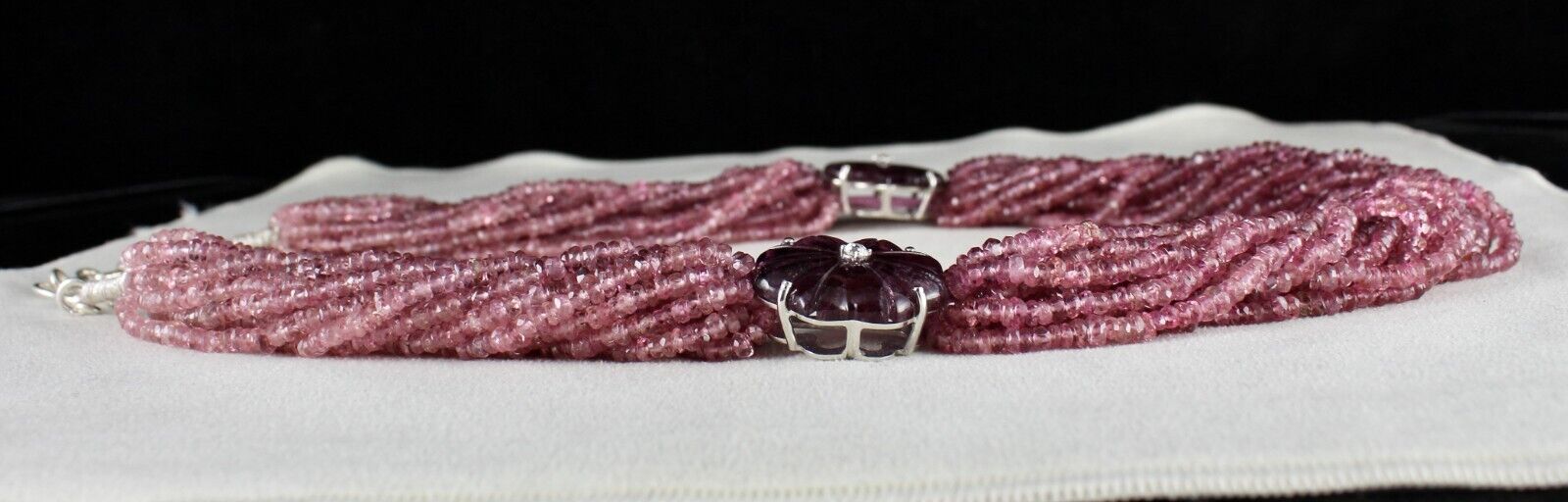 Natural Pink Tourmaline Carved & Beads 878 Ct Stone Diamond Silver Fine Necklace