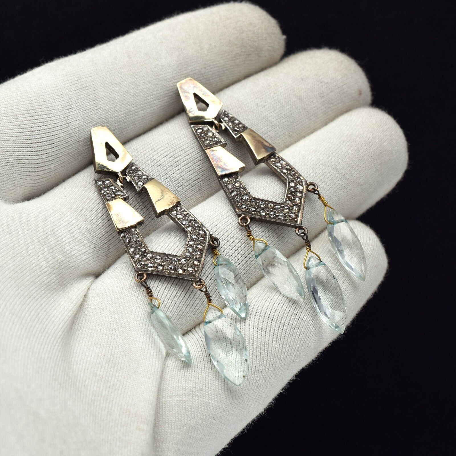 Vintage Natural Blue Aquamarine Diamond 18k Gold Silver Victorian Dangle Earring