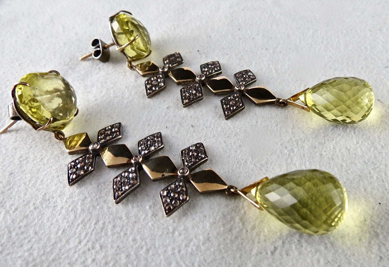 Natural Lemon Quartz Teardrop 10ct Diamond 18k Gold Sterling Silver Earrings