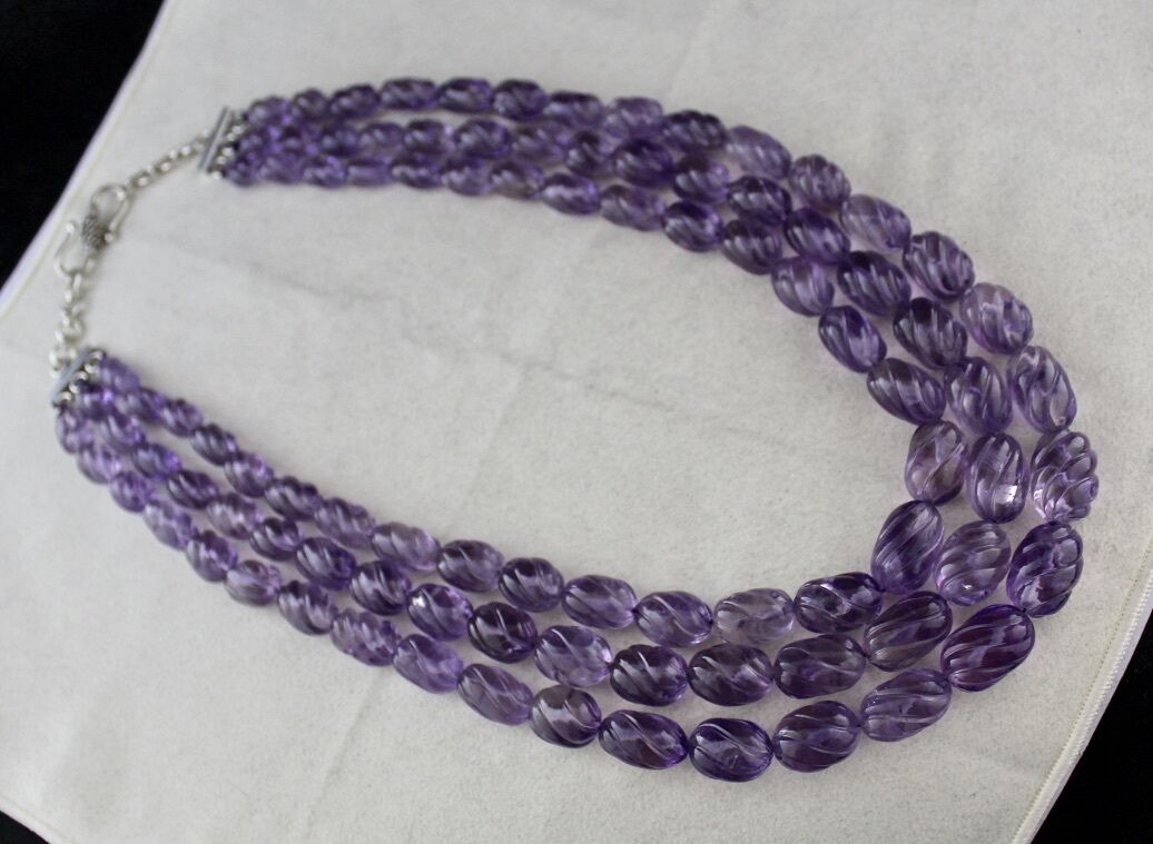 Natural Amethyst Beads Carved Oval 3 L 1373 Ct Purple Gemstone Silver Necklace