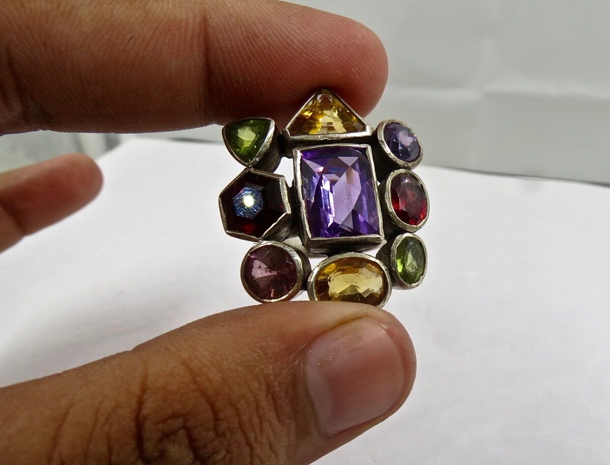 Multi Colour Amethyst Citrine Garnet Peridot Iolite Fancy Silver Cocktail Ring