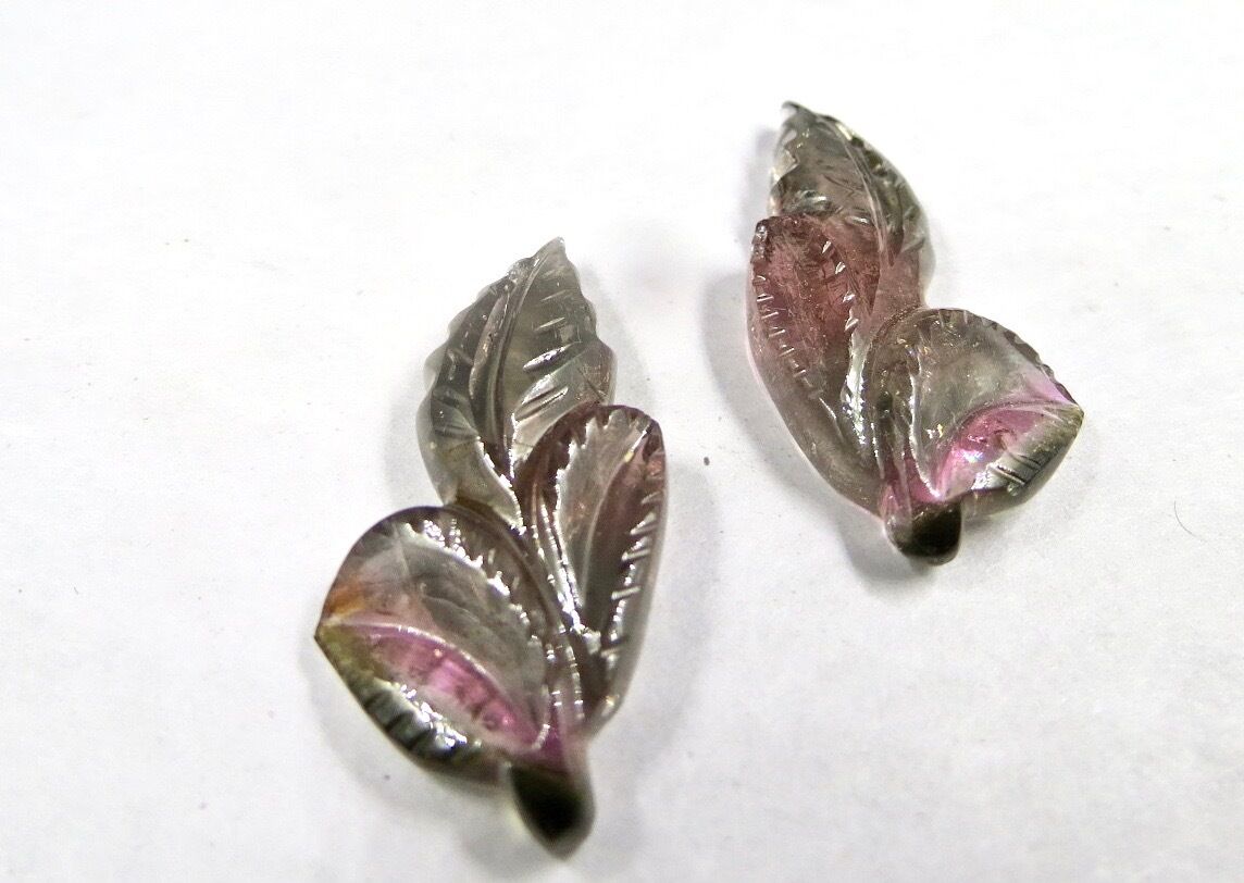 NATURAL MULTI TOURMALINE CARVED LEAVES 2 PCS 35.75 CARATS GEMSTONE EARRING 