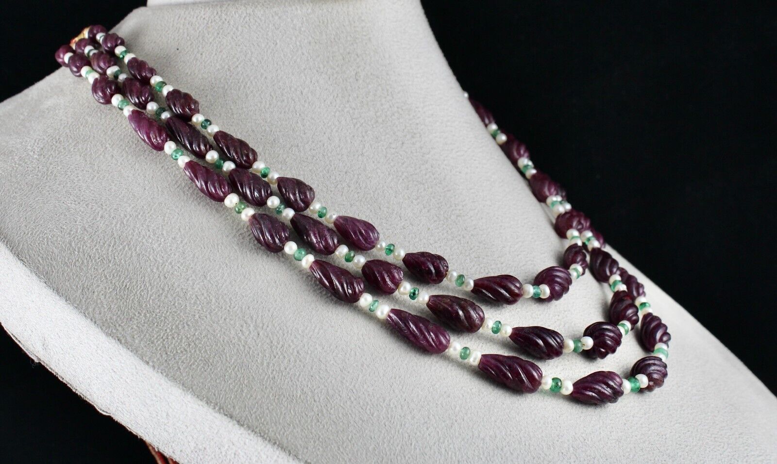 NATURAL RUBY BEADS CARVED TEAR DROPS 3 L 525 CTS EMERALD PEARL GEMSTONE NECKLACE