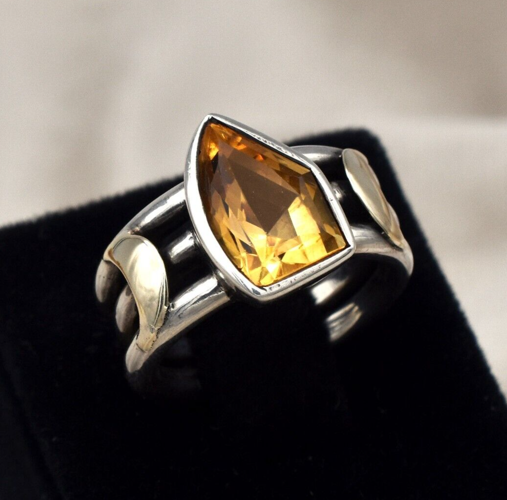 Vintage Yellow Citrine Ring 18k Gold 925 Silver Women Men November Birthstone