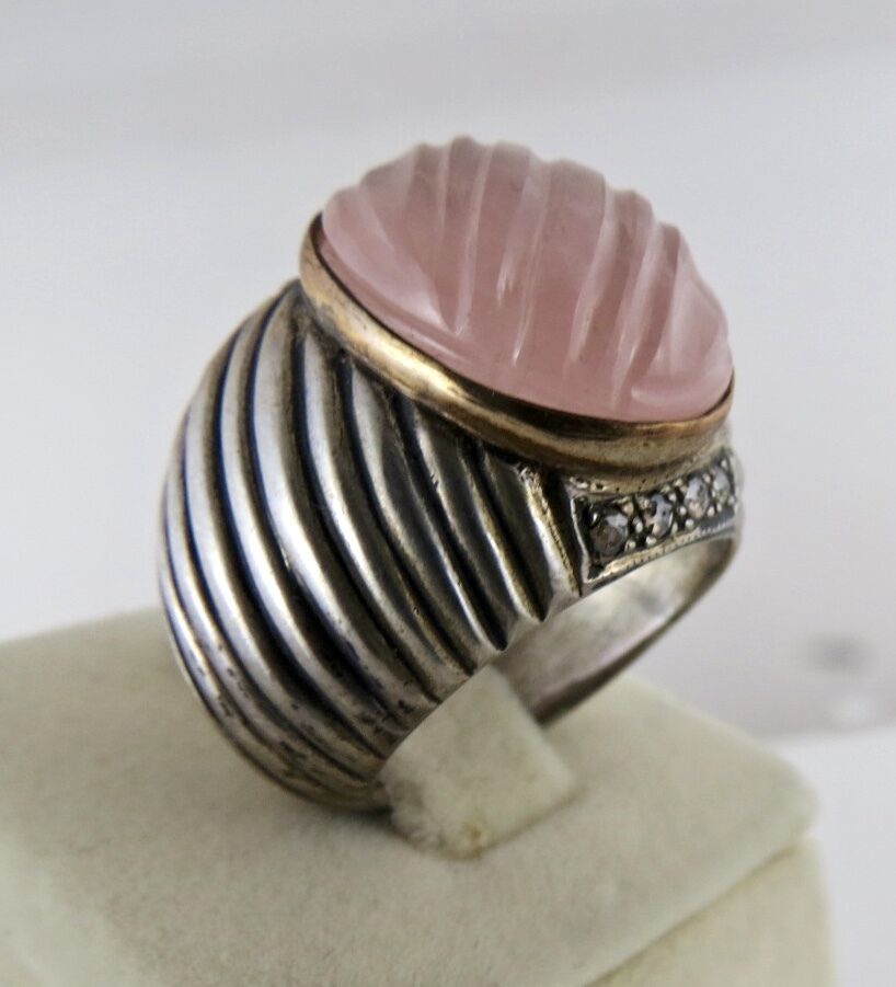 Natural Rose Quartz Carved Diamond 18K Gold 925 Silver Antique Victorian Ring