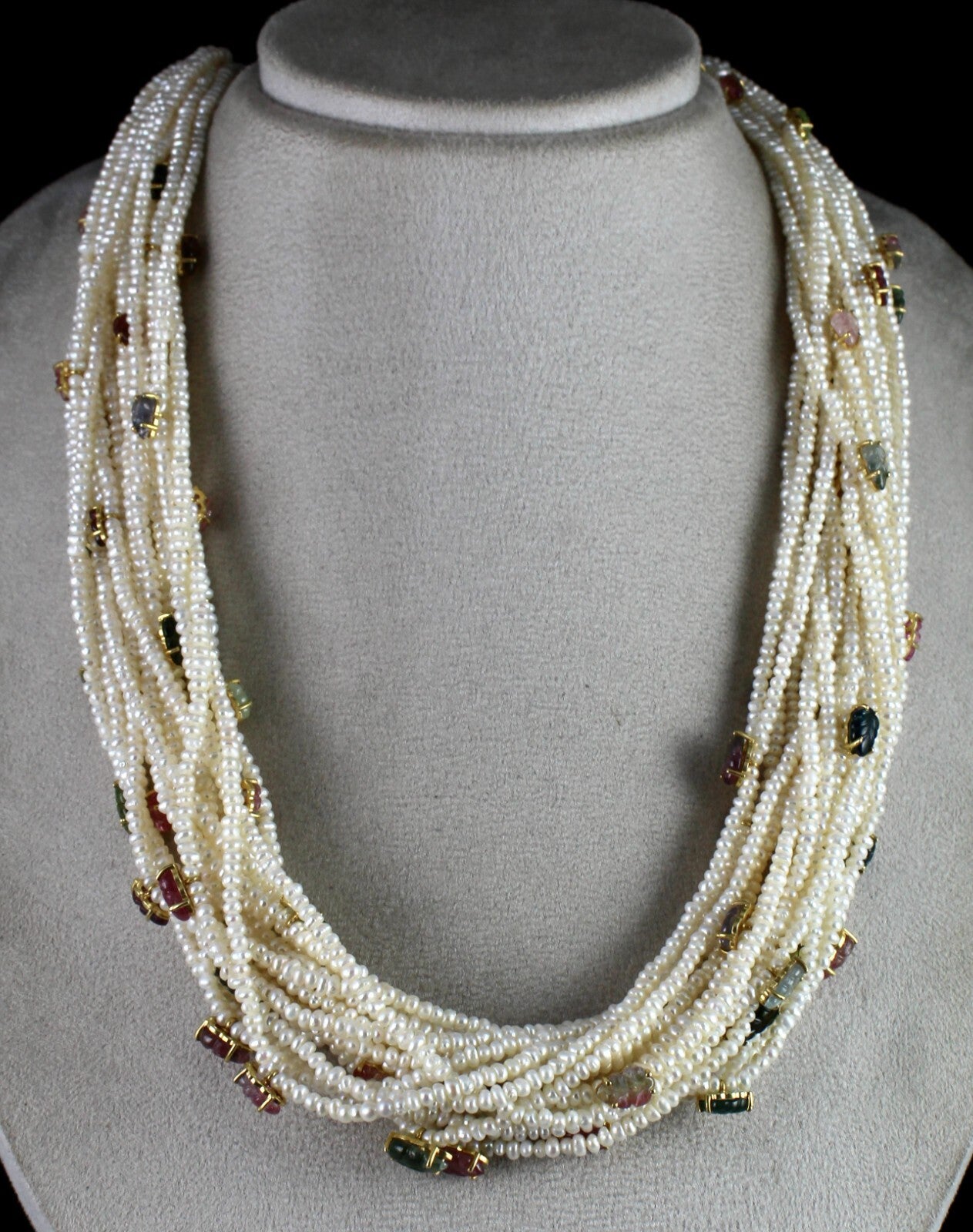 Certified Sterling Silver Designer Necklace Pearl Beads Tourmaline Leaf 972 Ct