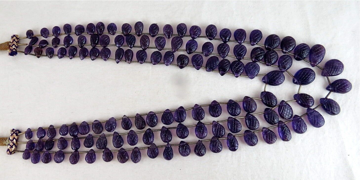 Natural Amethyst Carved Teardrop 3 L 403 Ct Purple Gemstone Vintage Necklace