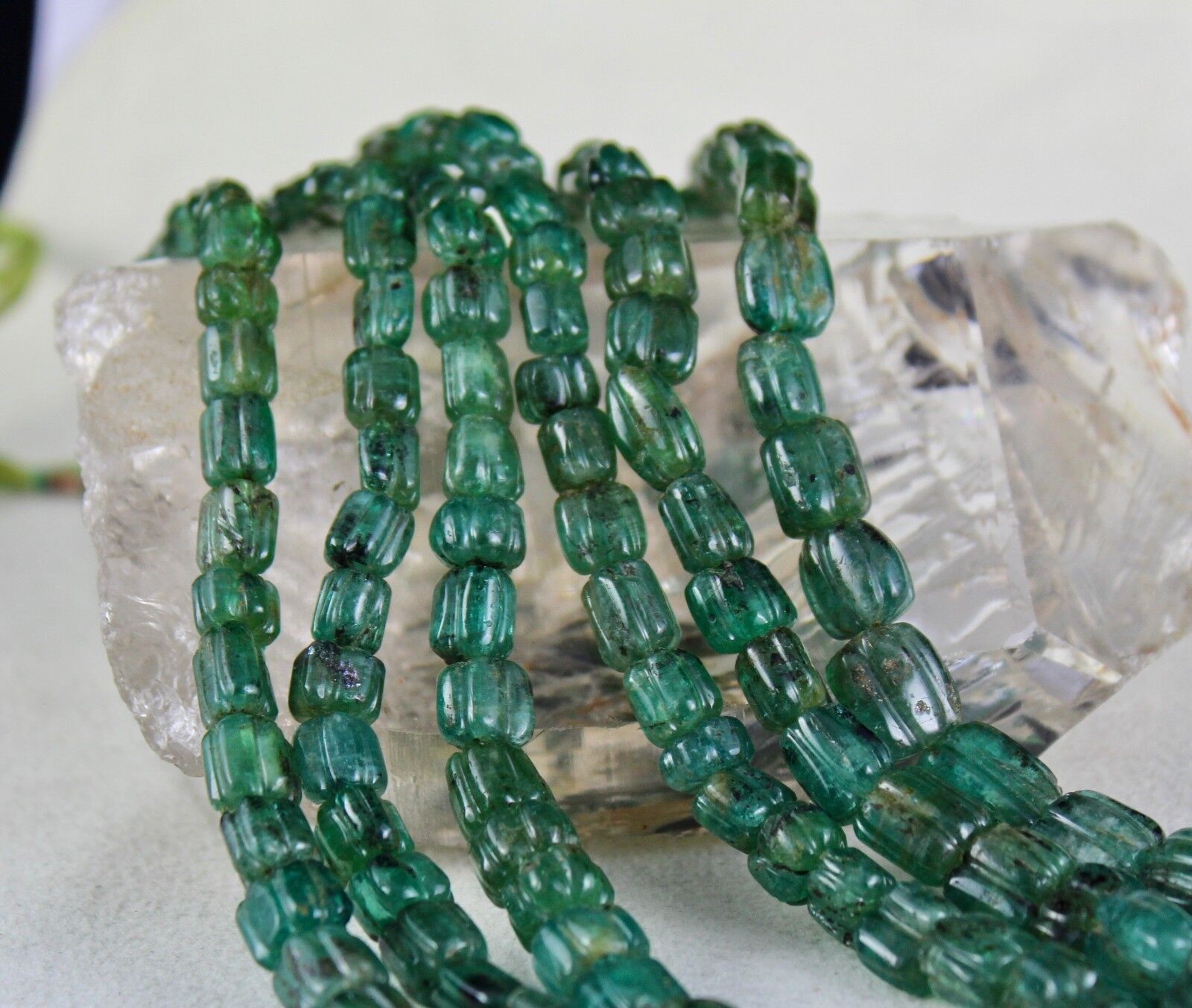 Antique Natural Emerald Beaded Necklace 3 Line 746 Carats Carved Drill Gemstone 