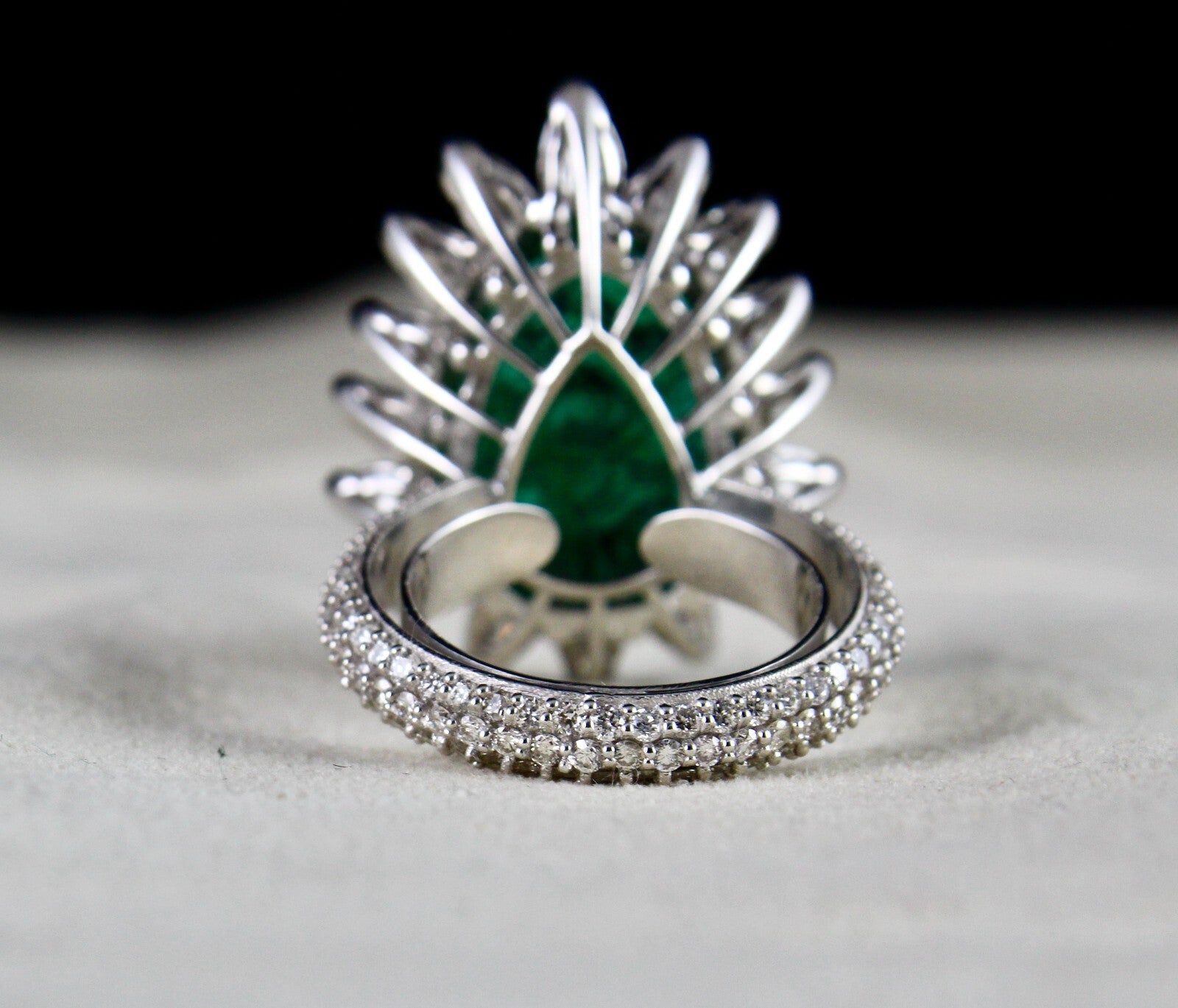 Certified Natural Zambian Emerald Carved Pear Natural Diamond 18k cocktail Ring
