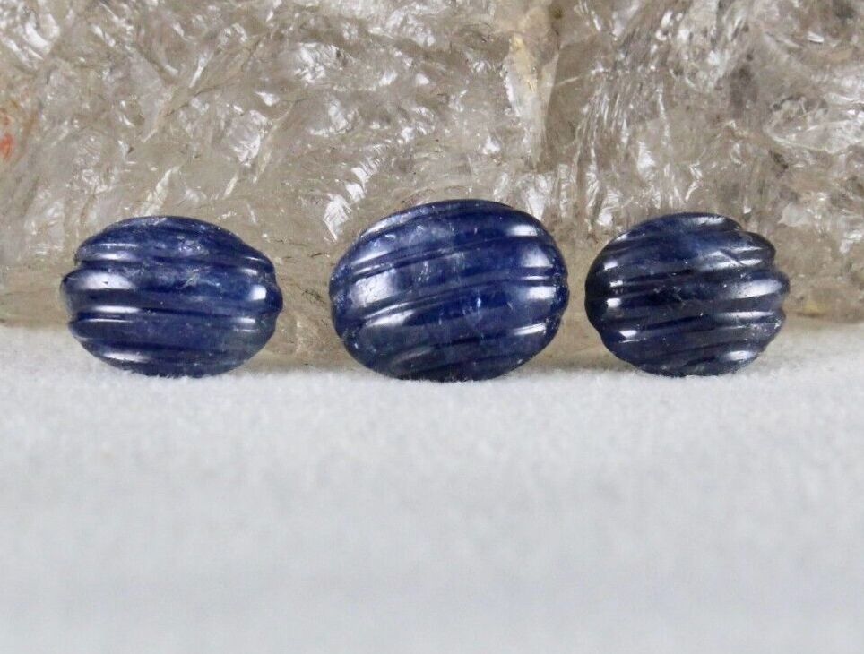 Certified Natural Blue Sapphire Carved Oval 3 Pc 15.21 Ct Loose Gem For Ring