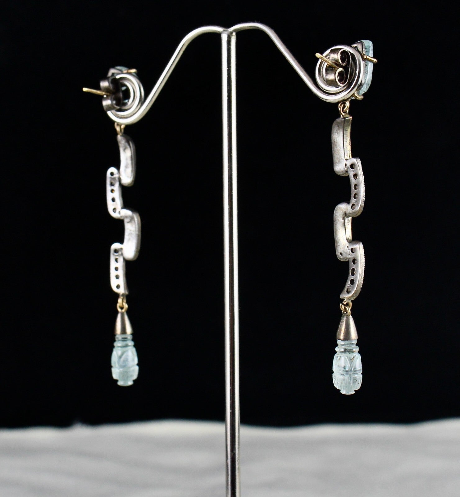 Natural Blue Aquamarine 10ct Carved Natural Diamond 18k Gold 925 Silver Earrings
