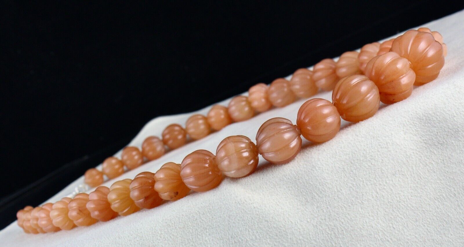 Natural Orange Quartz Carved Melon Beaded Necklace 1072 Carat Stone Silver Clasp