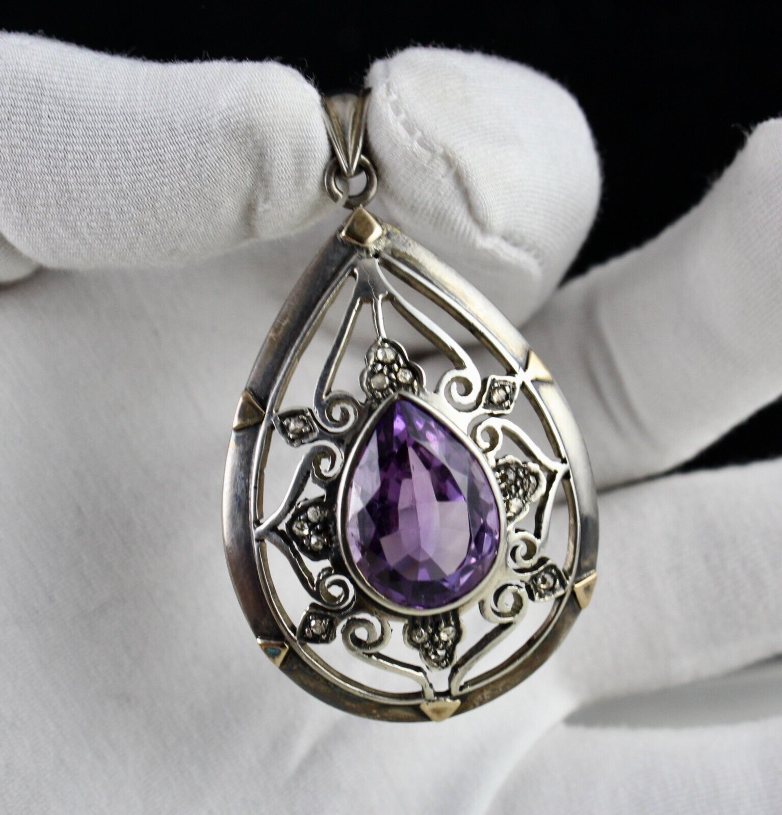 ANTIQUE NATURAL AMETHYST CUT DIAMOND VICTORIAN PENDANT IN 925 SILVER & GOLD