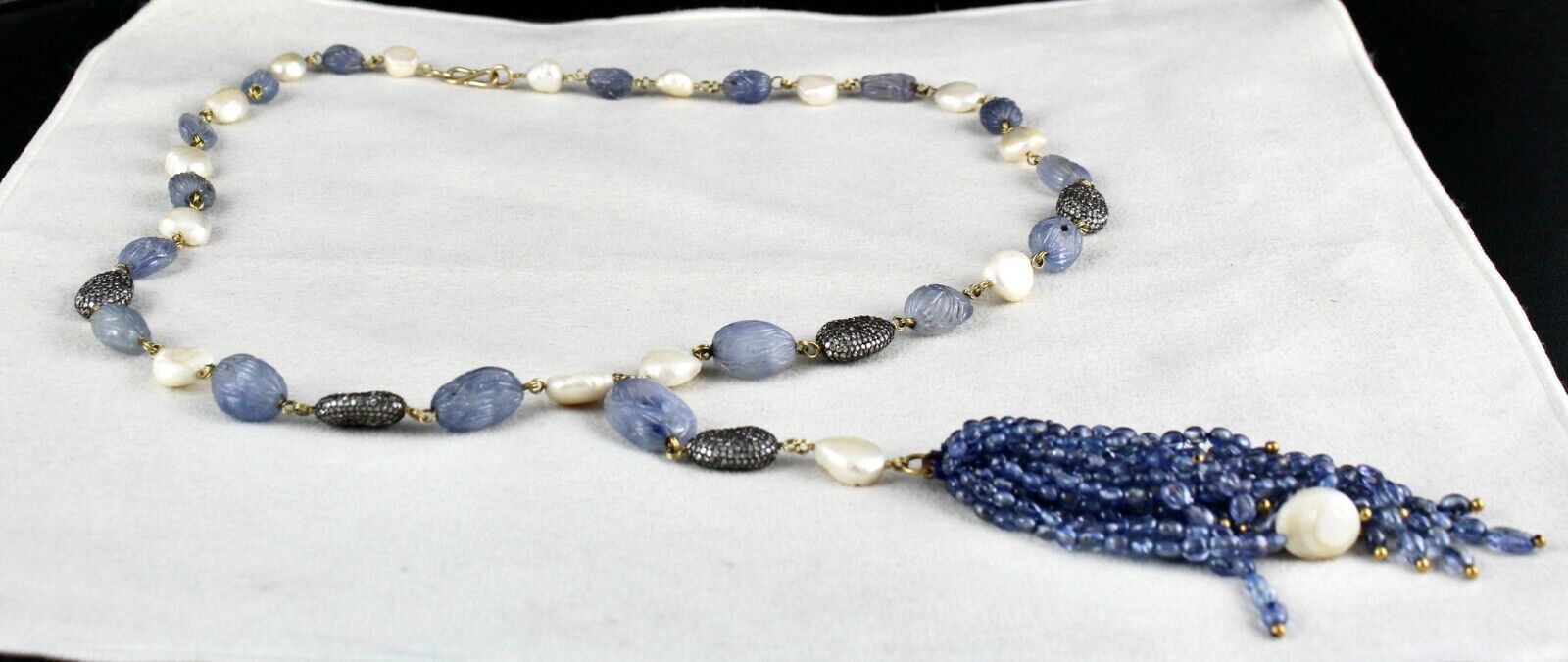 NATURAL BLUE SAPPHIRE BEADS CARVED PEARL STONE DIAMOND 14KGOLD FASHION NECKLACE