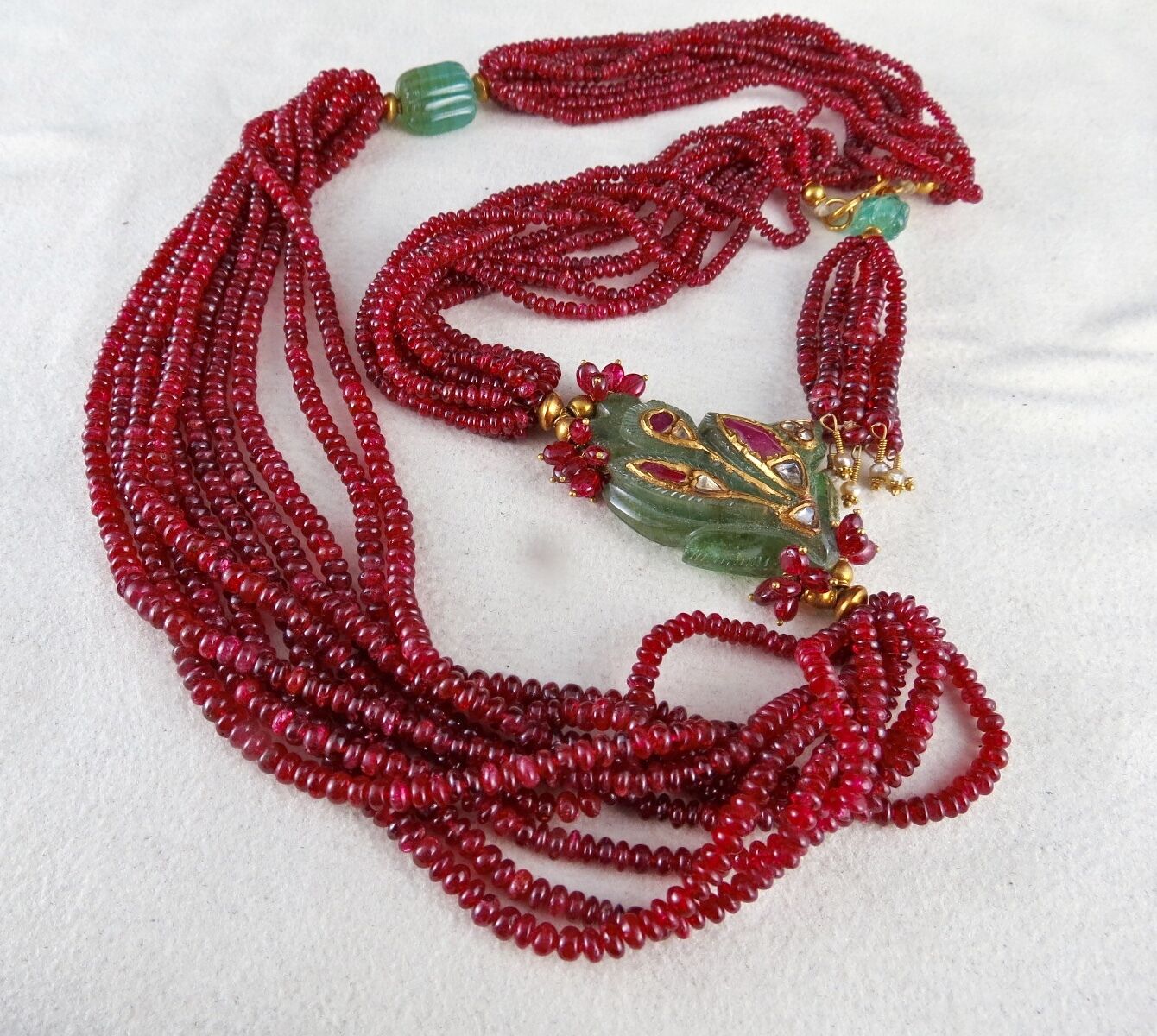 NATURAL ZAMBIAN EMERALD RUBY DIAMOND 22KGOLD JADAU SPINEL BEADS ANTIQUE NECKLACE