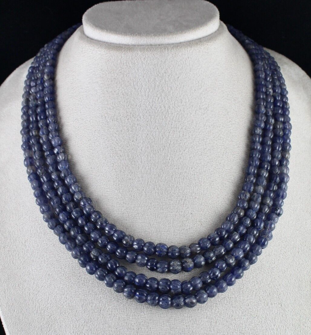 Natural Iolite Carved Melon Beads 602ct 4 Line Gemstone Fashion Necklace