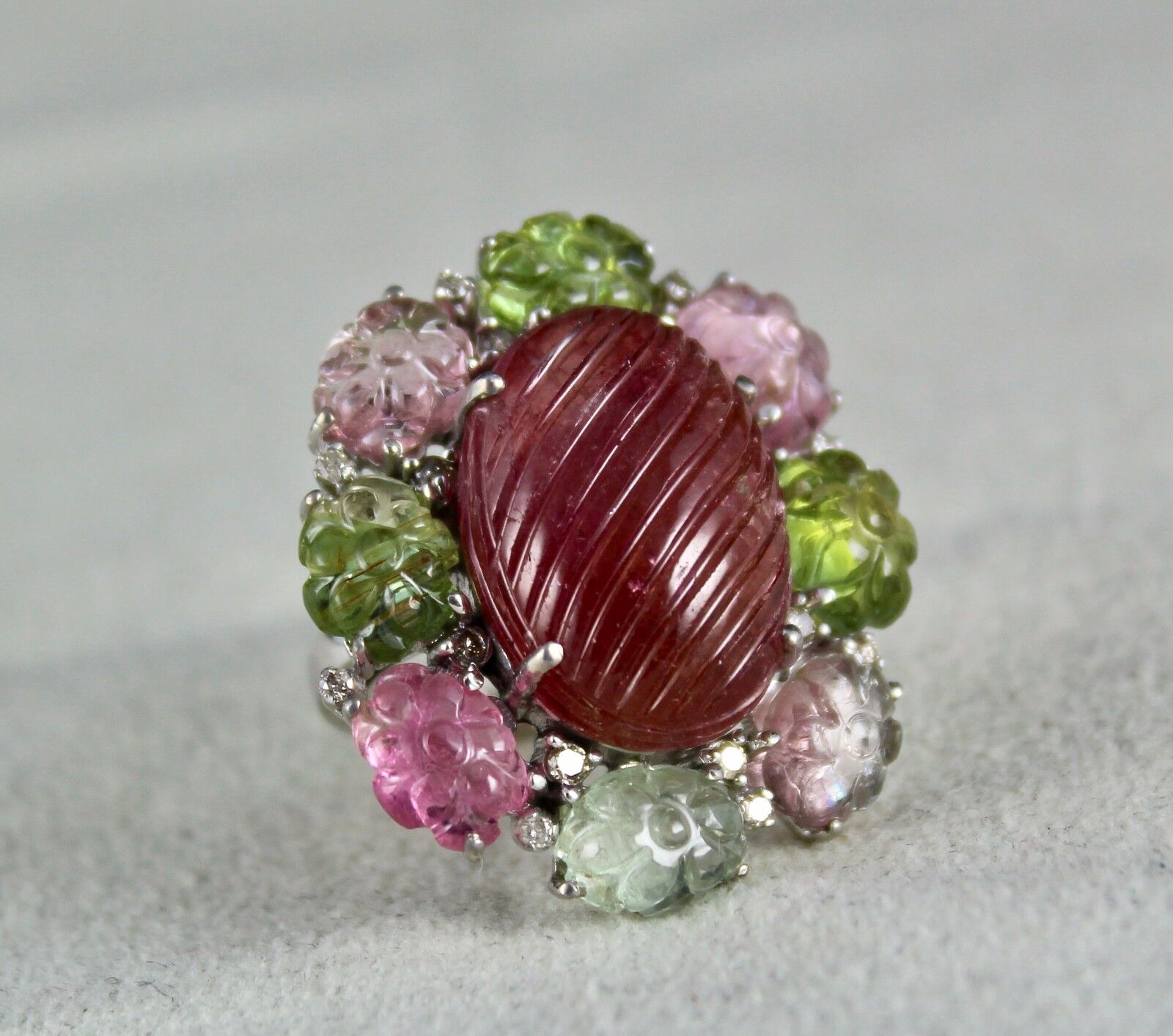 Exclusive Natural Multi Tourmaline Carved Gemstone Diamond Silver Statement Ring