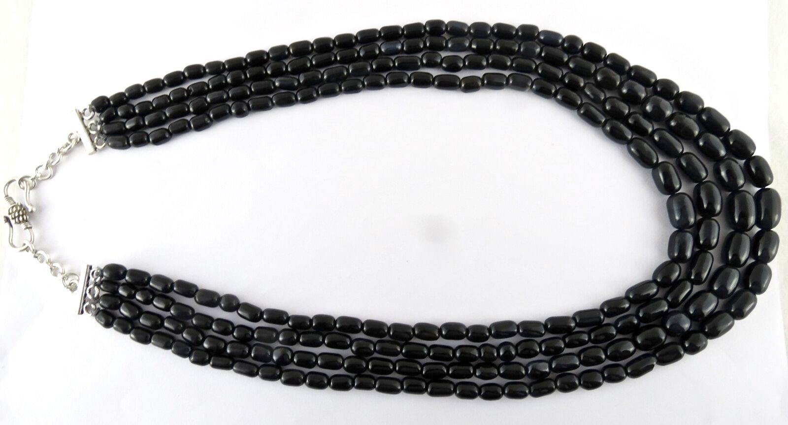 Black Onyx Long Tube Beaded 4 Line 830 Ct Gemstone Silver Fashion Necklace