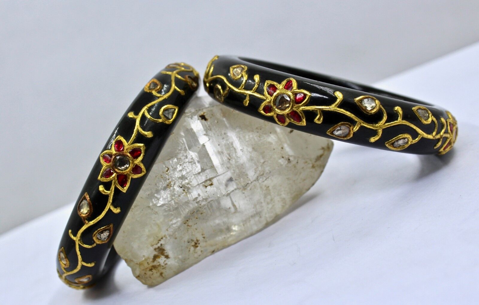 22k YellowGold Black Jade Ladies Bangle Pair Studded Ruby Diamond Jadau Gemstone