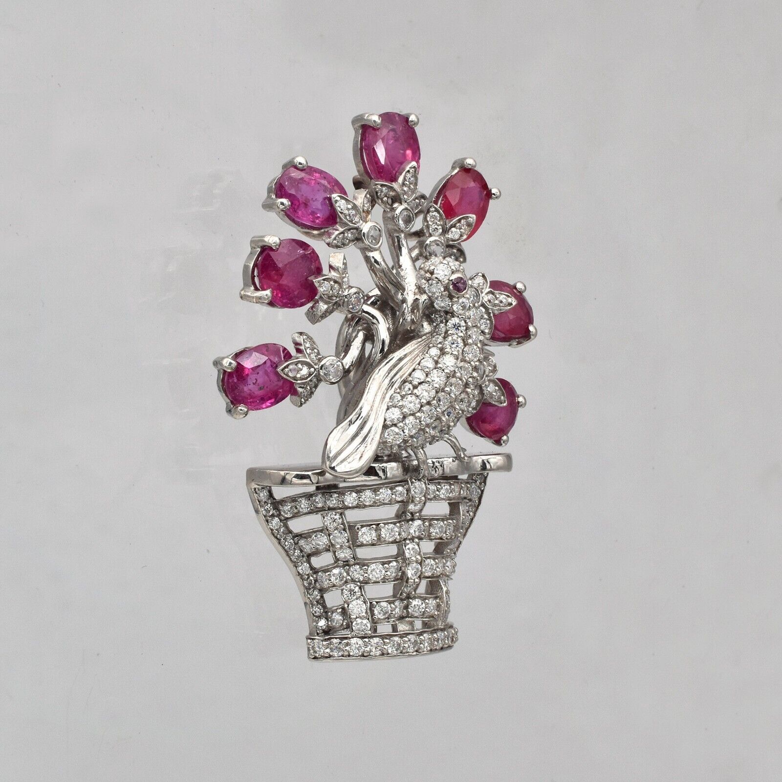 925 Silver Peacock Pendant Brooch Red Ruby Mossianite Gemstone/ gift for her