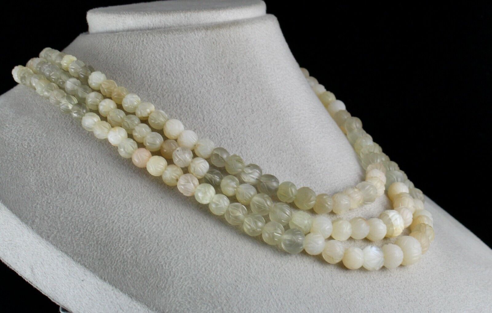 NATURAL MULTI MOONSTONE BEADS CARVED 3 LINE 667 CTS GEMSTONE LADIES NECKLACE