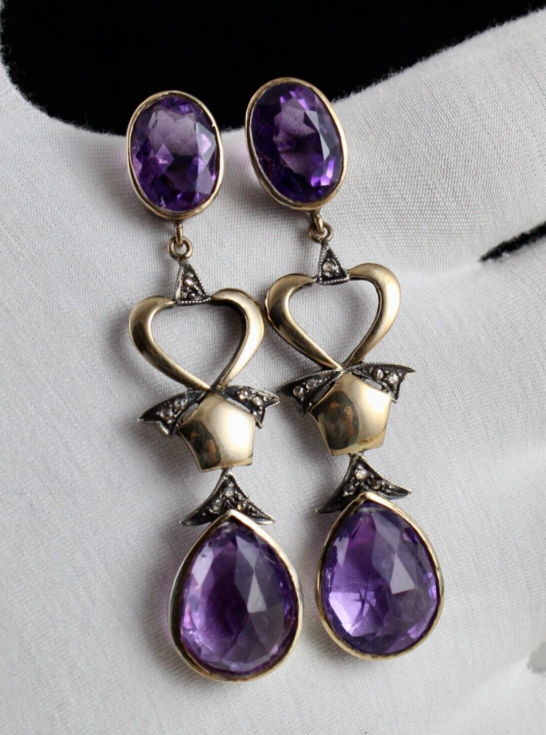 Fine Natural Amethyst Diamond Cut 18K Gold Silver Victorian Stone Dangle Earring