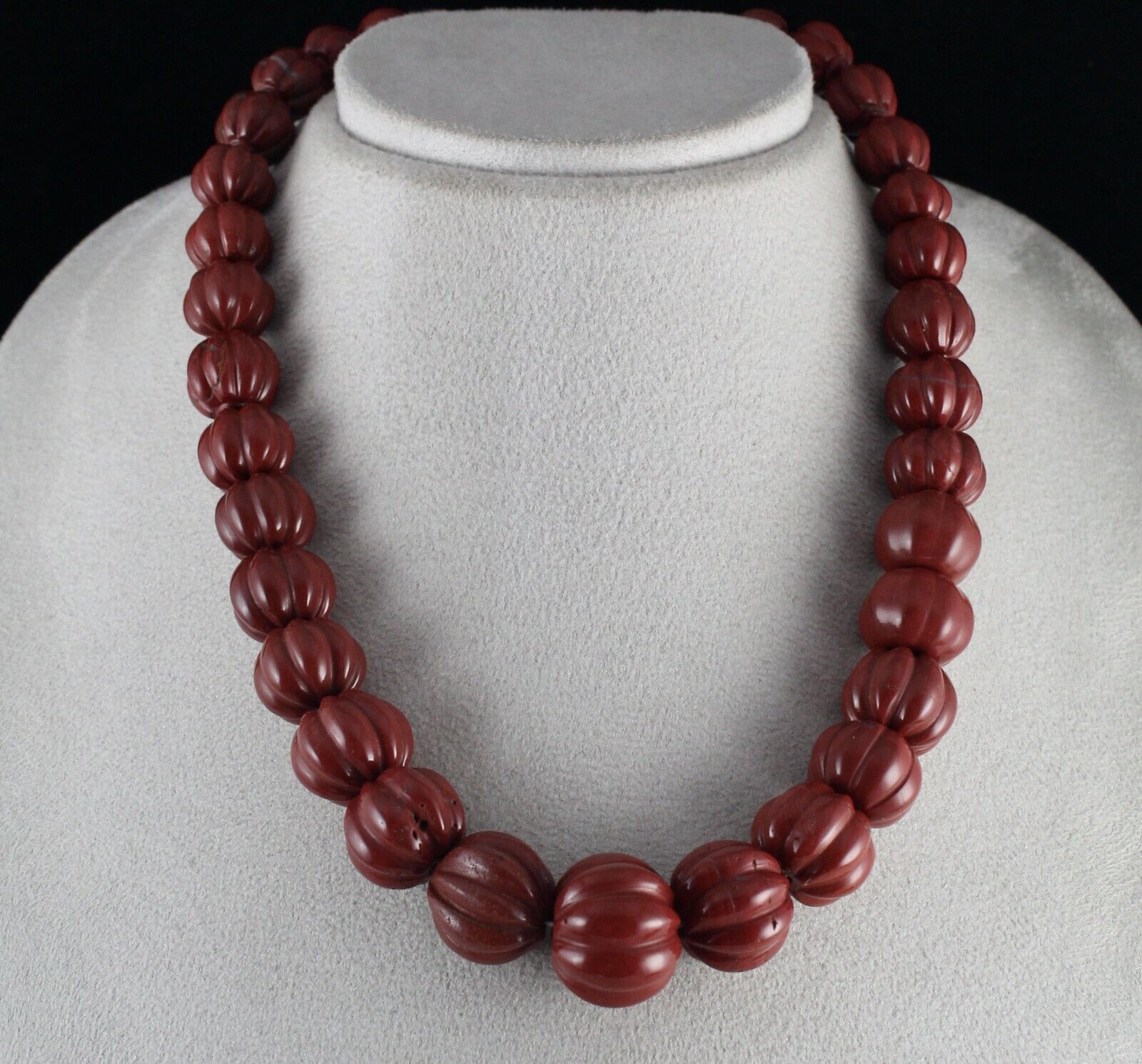 Red Jasper Carved Melon Beads 22mm Big 882 Cts Gemstone Silver Fashion Necklace