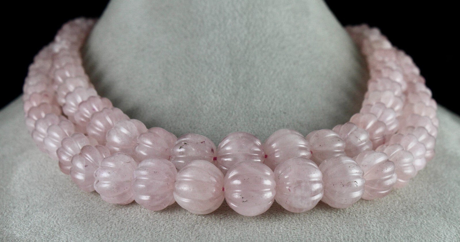 Certified Natural Rose Quartz 1436ct Carved Beads Sterling Silver Necklace