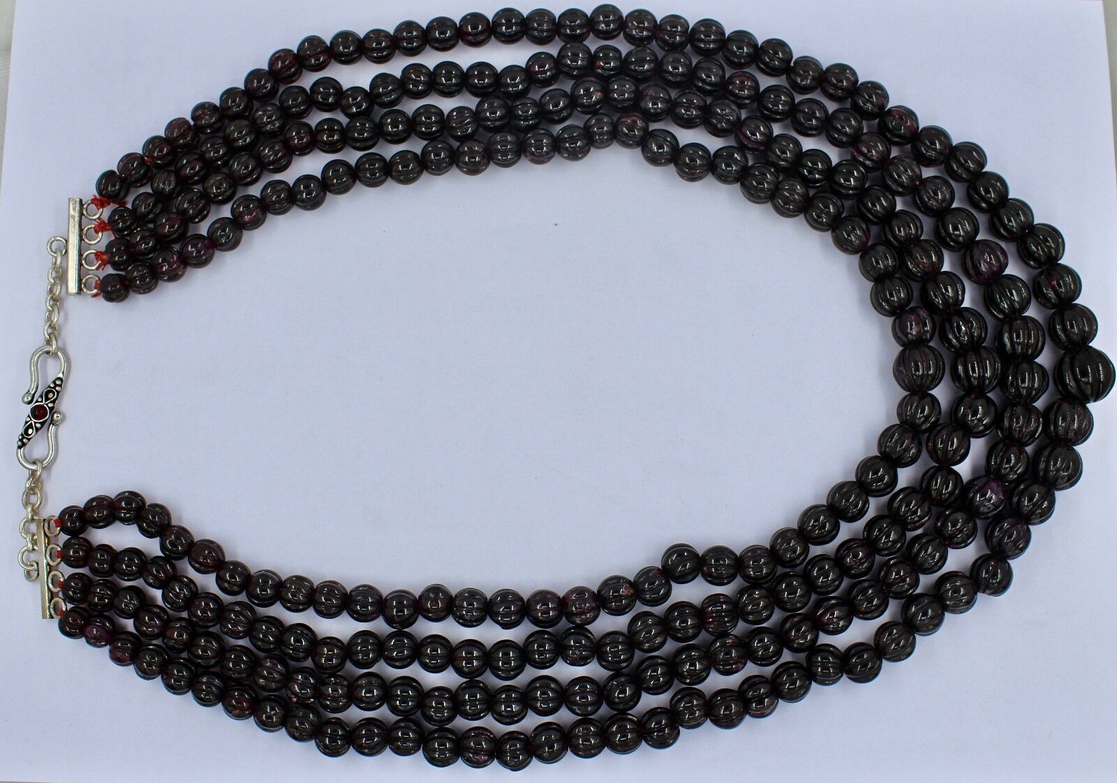 NATURAL GARNET BEADS CARVED MELON 4 LINE 2392 CARATS NECKLACE WITH SILVER HOOK 