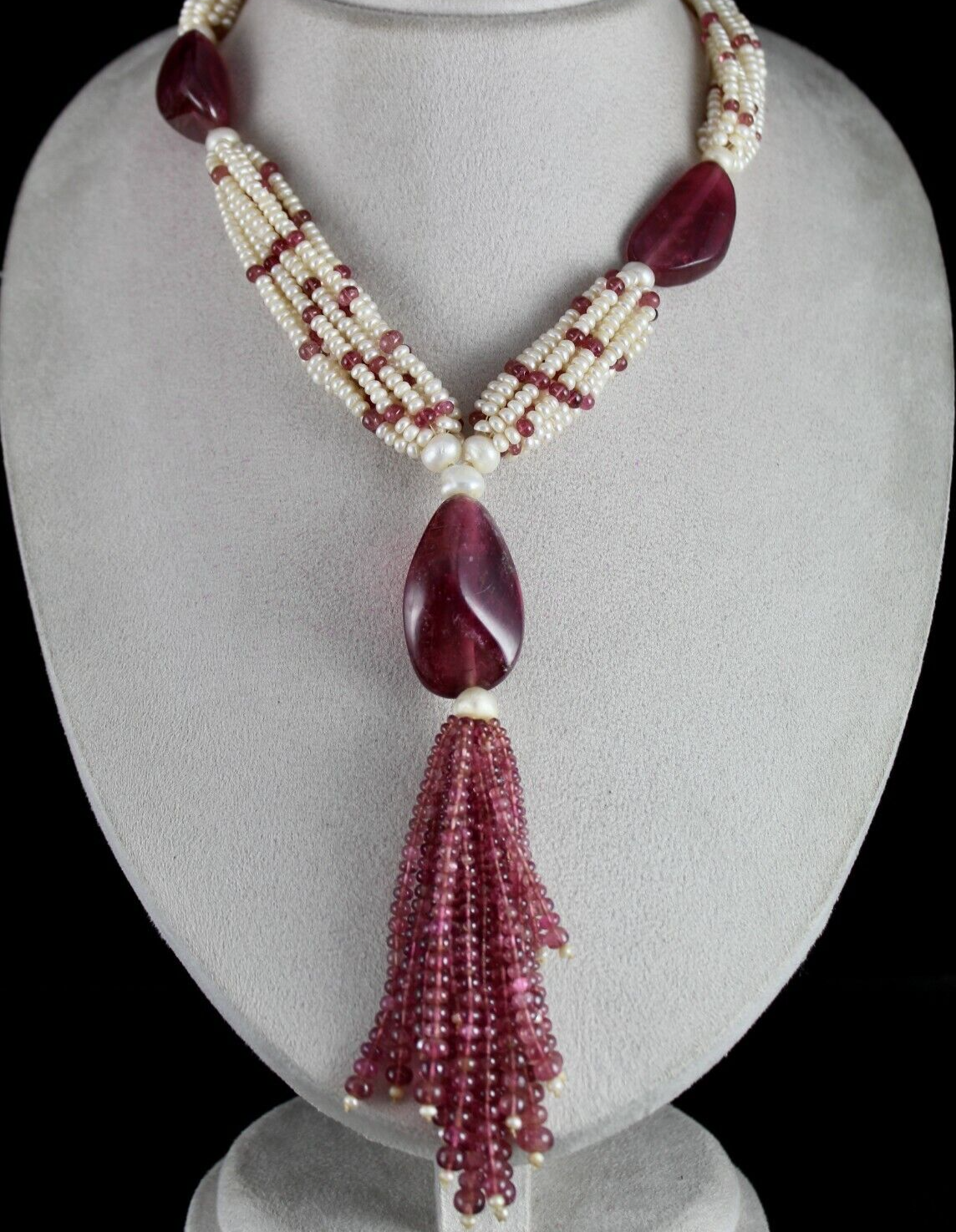 A+ NATURAL PINK TOURMALINE PEARL BEADS FANCY 922 CARATS TASSEL GEMSTONE NECKLACE