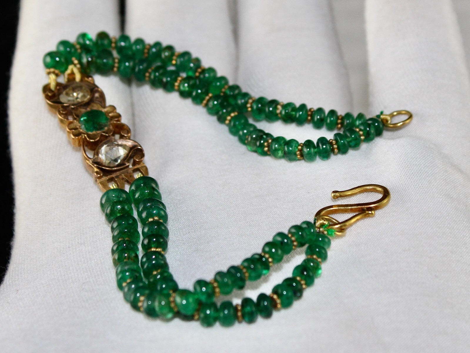 Certified Antique Emerald 10ct Natural Diamond 22k Gold Bracelet Emerald Beads