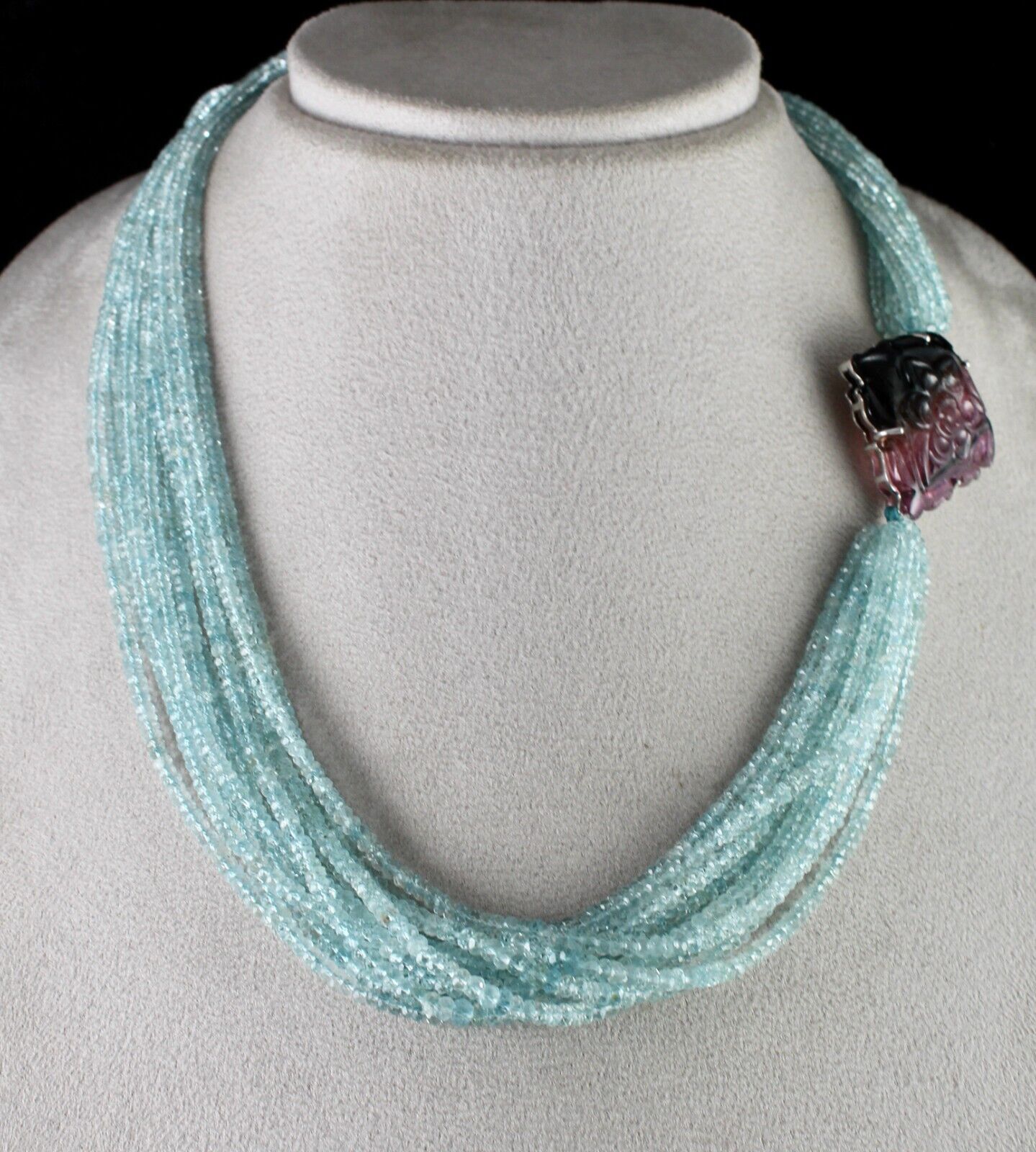 NATURAL BLUE AQUAMARINE BEADS MULTI TOURMALINE CARVED GEMSTONE DESIGNER NECKLACE