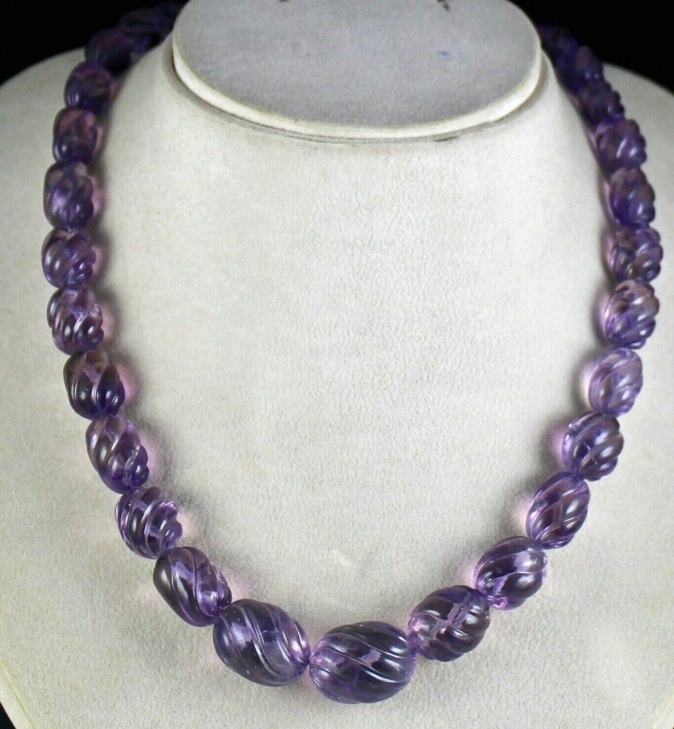 Natural Amethyst Beads Carved Long 552 Ct Gemstone Silver Classic Necklace