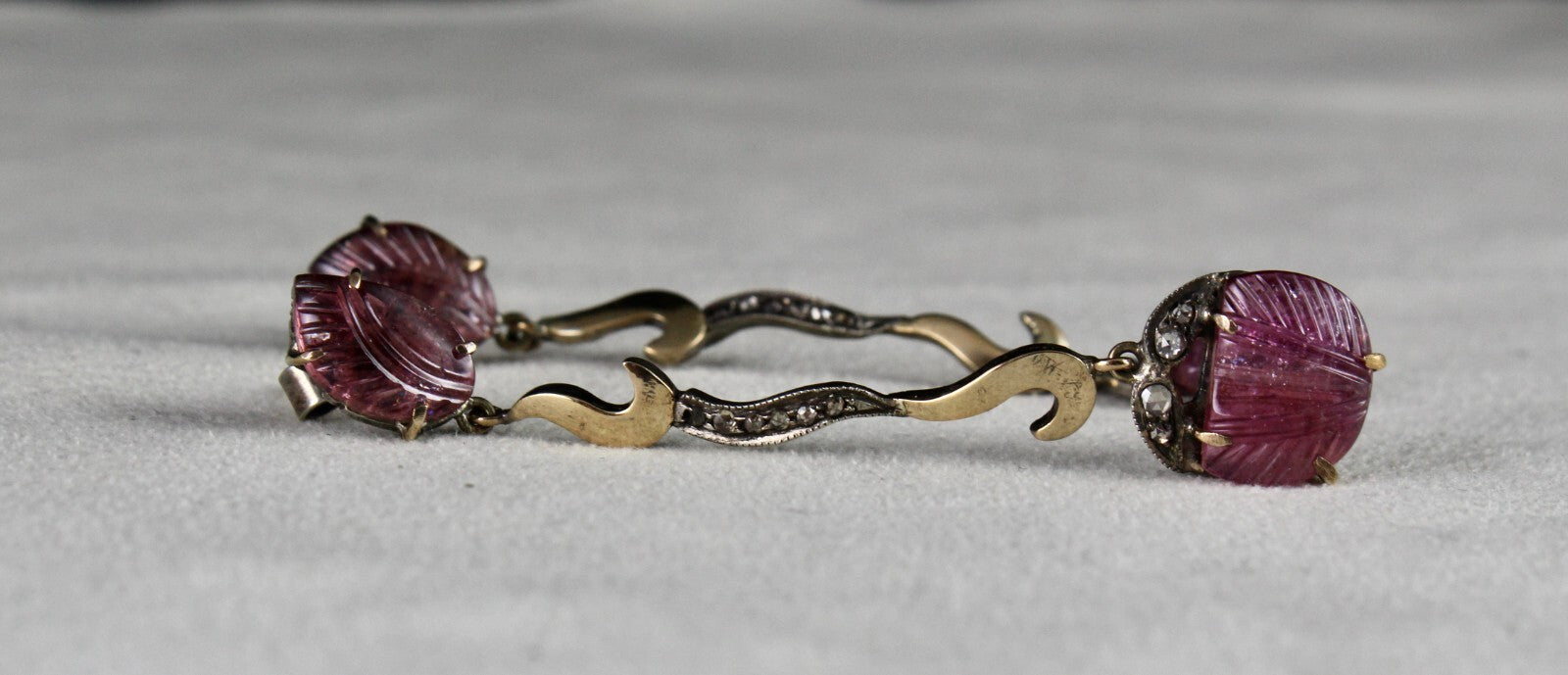 Vintage 10.00ct Natural Pink Tourmaline Carved Diamond 18k Gold Earrings