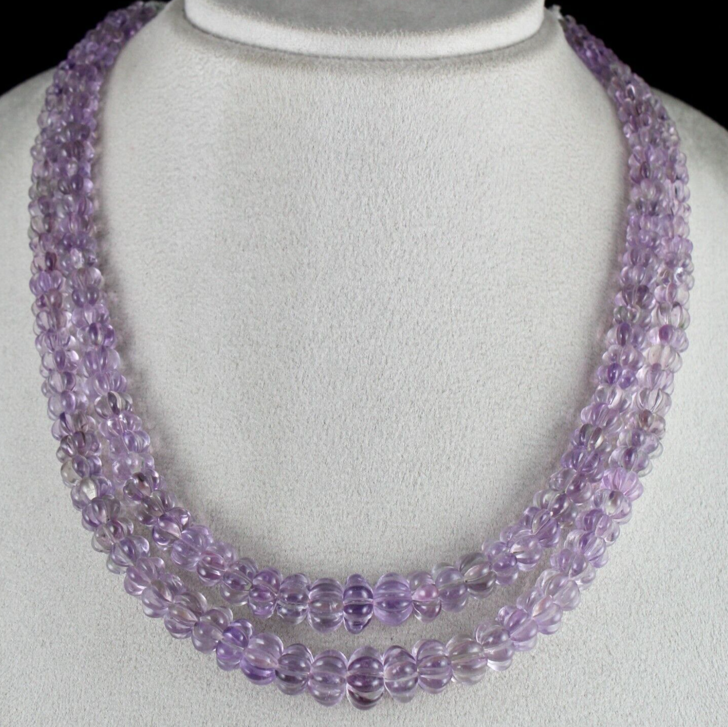 NATURAL PINK AMETHYST BEADS CARVED ROUND 2 LINE 464 CTS GEMSTONE FINE NECKLACE