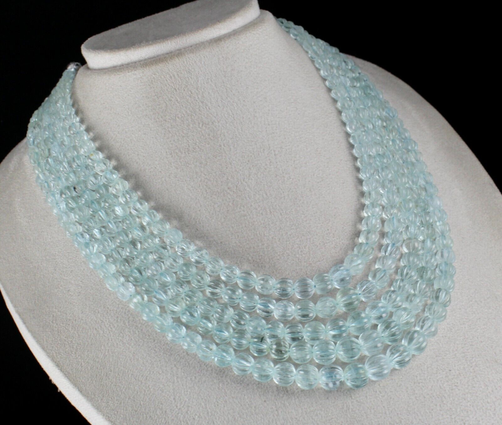 NATURAL AQUAMARINE BEADS CARVED 5 LINE 873 CARATS LADIES GEMSTONE MELON NECKLACE