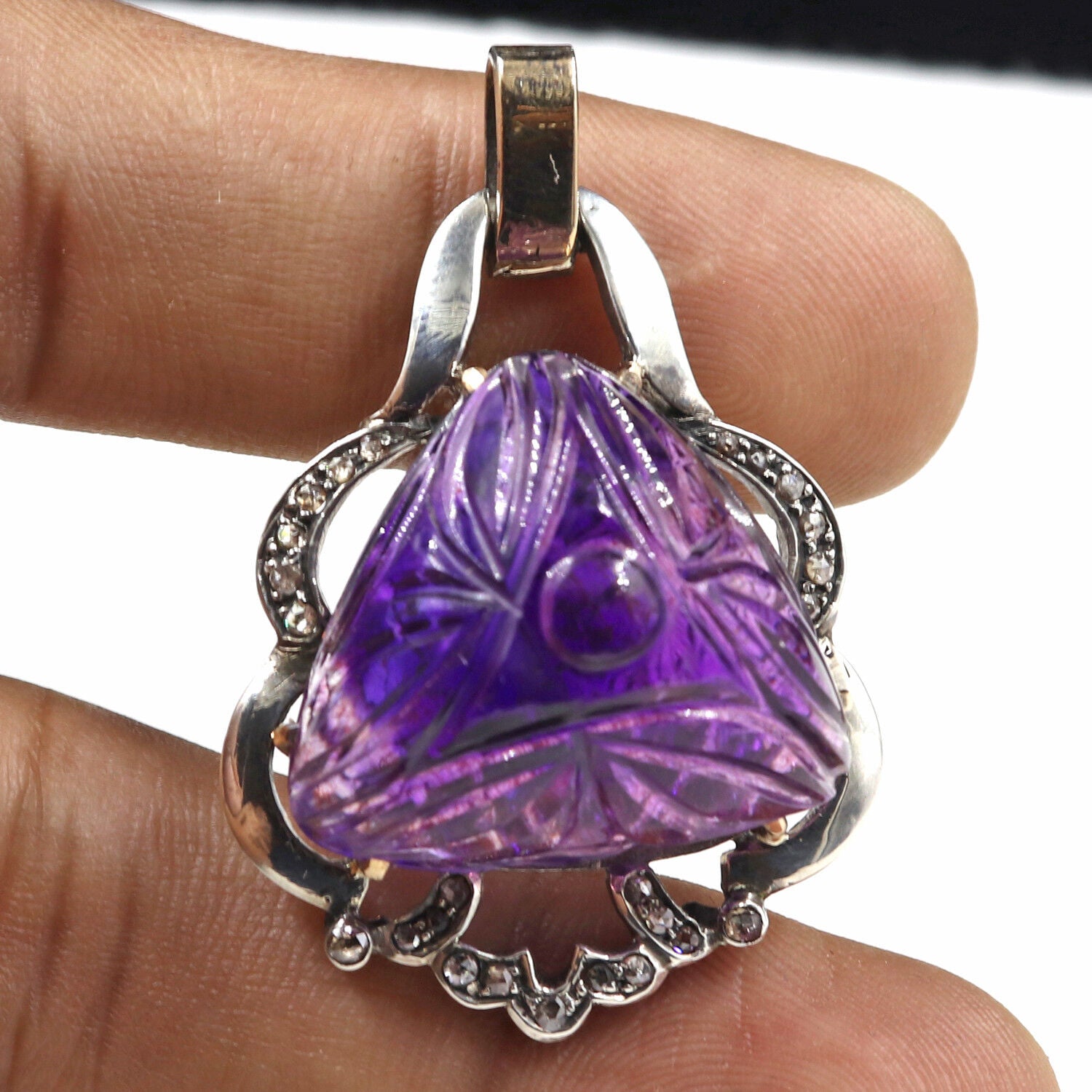 ANTIQUE NATURAL AMETHYST CARVED DIAMOND VICTORIAN PENDANT IN 925 SILVER & GOLD