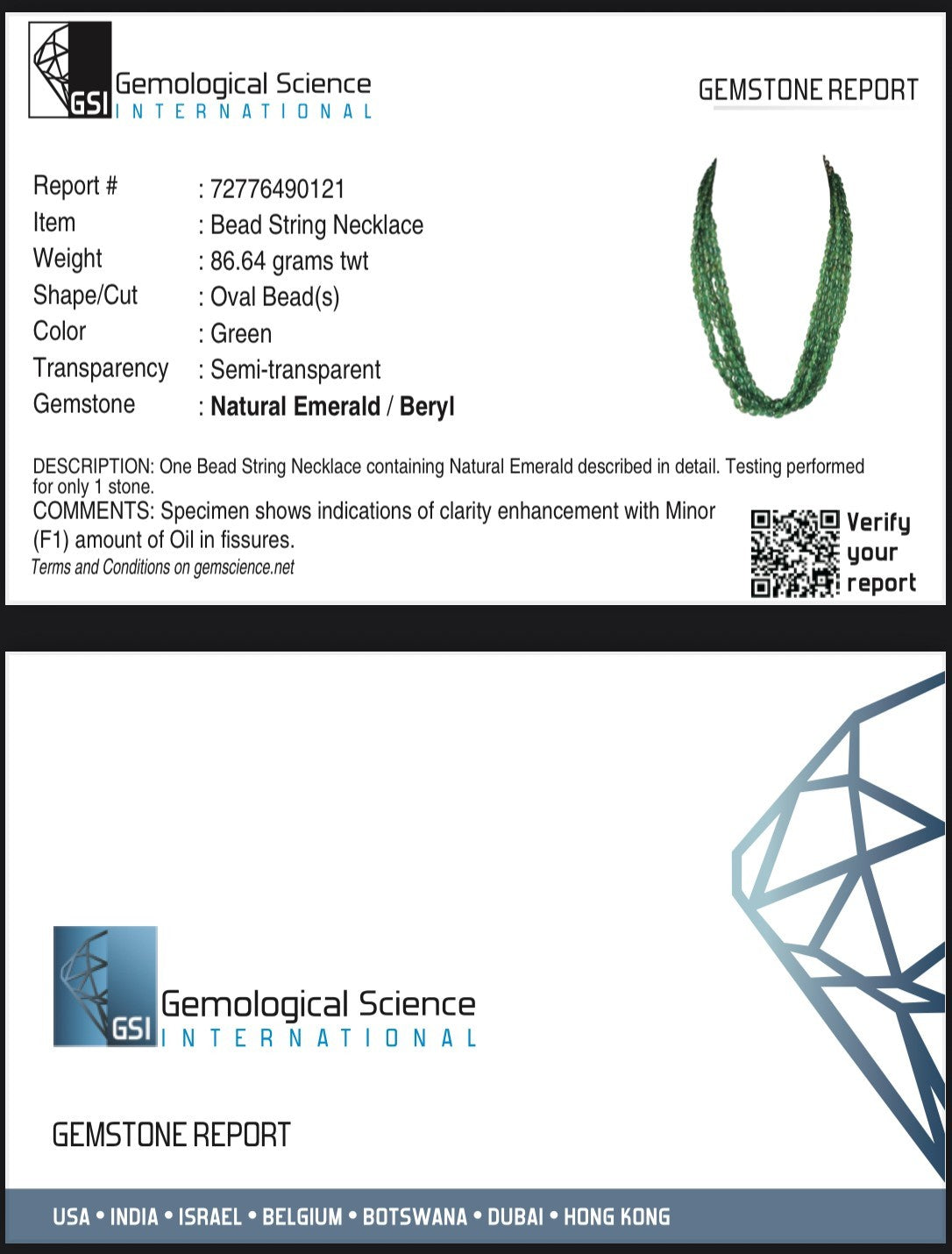 Natural Emerald Bead Necklace 6 L 413 Ct Certified Green Gemstone Silver Clasp