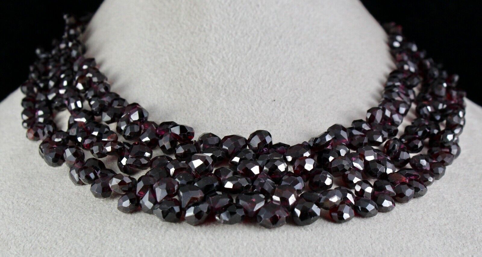 NATURAL GARNET BEADS TEAR DROPS FACETED 3 LINE 866 GEMSTONE FASHION NECKLACE 