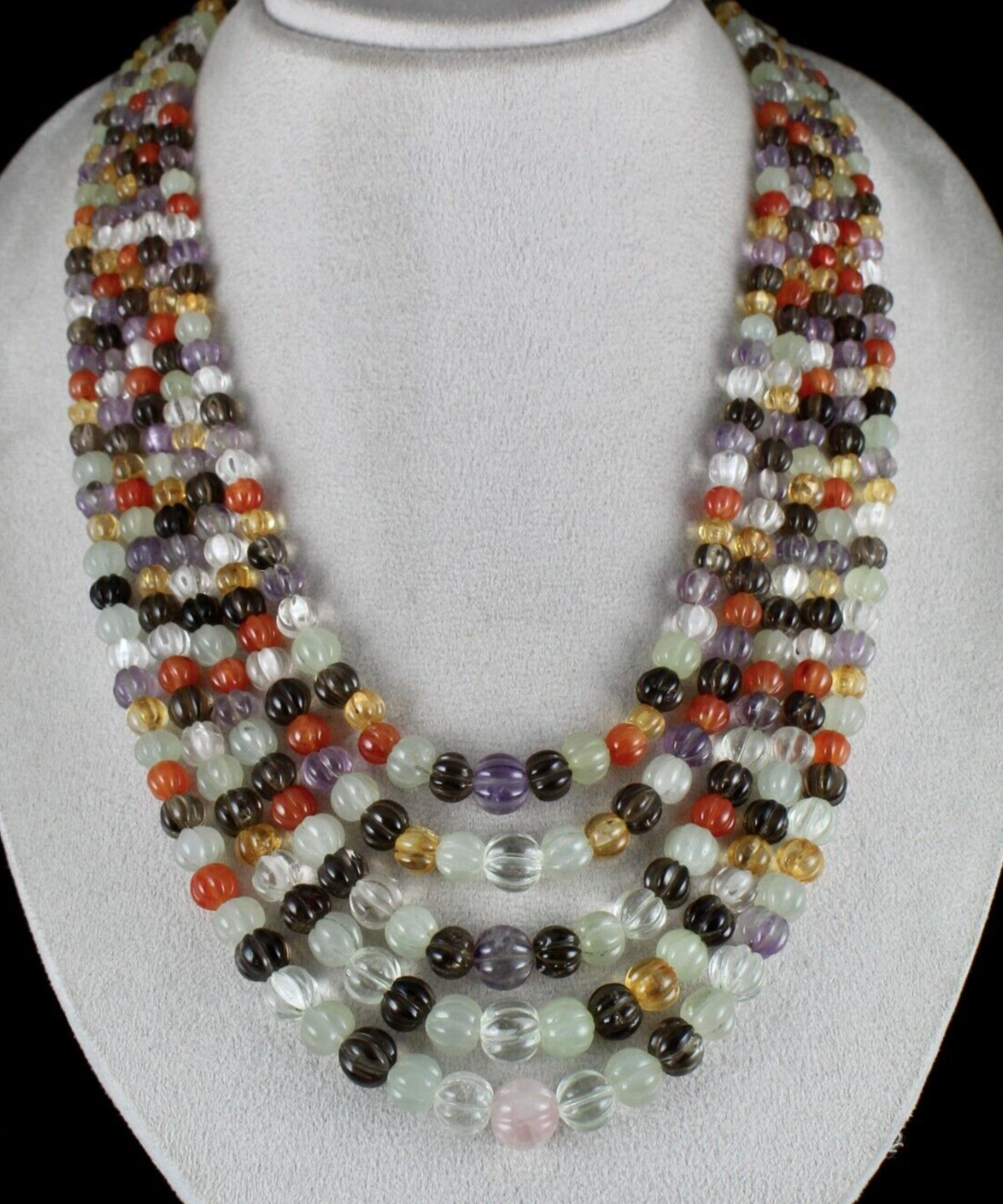 Old Multi Natural Semi Precious Beads Carved Melon 5 L 1048 Cts Stone Necklace