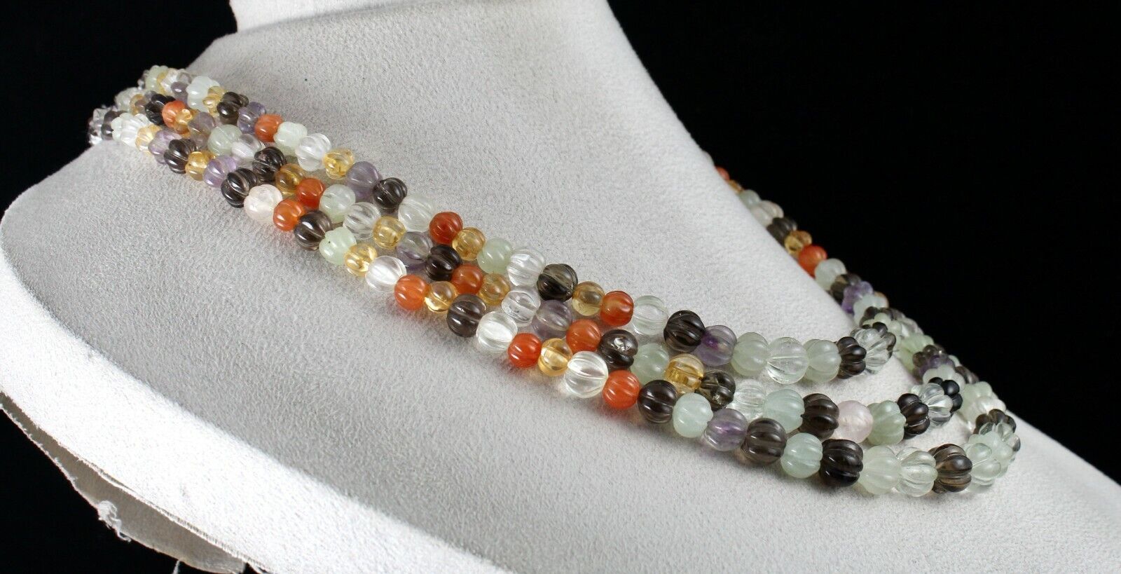 CLASSIC MULTI NATURAL SEMI PRECIOUS 3 LINE 588 CTS CARVED MELON BEADED NECKLACE