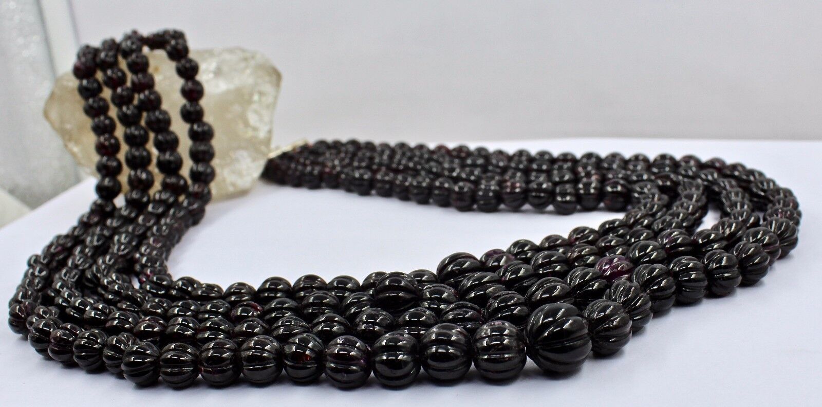 NATURAL GARNET BEADS CARVED MELON 4 LINE 2392 CARATS NECKLACE WITH SILVER HOOK 