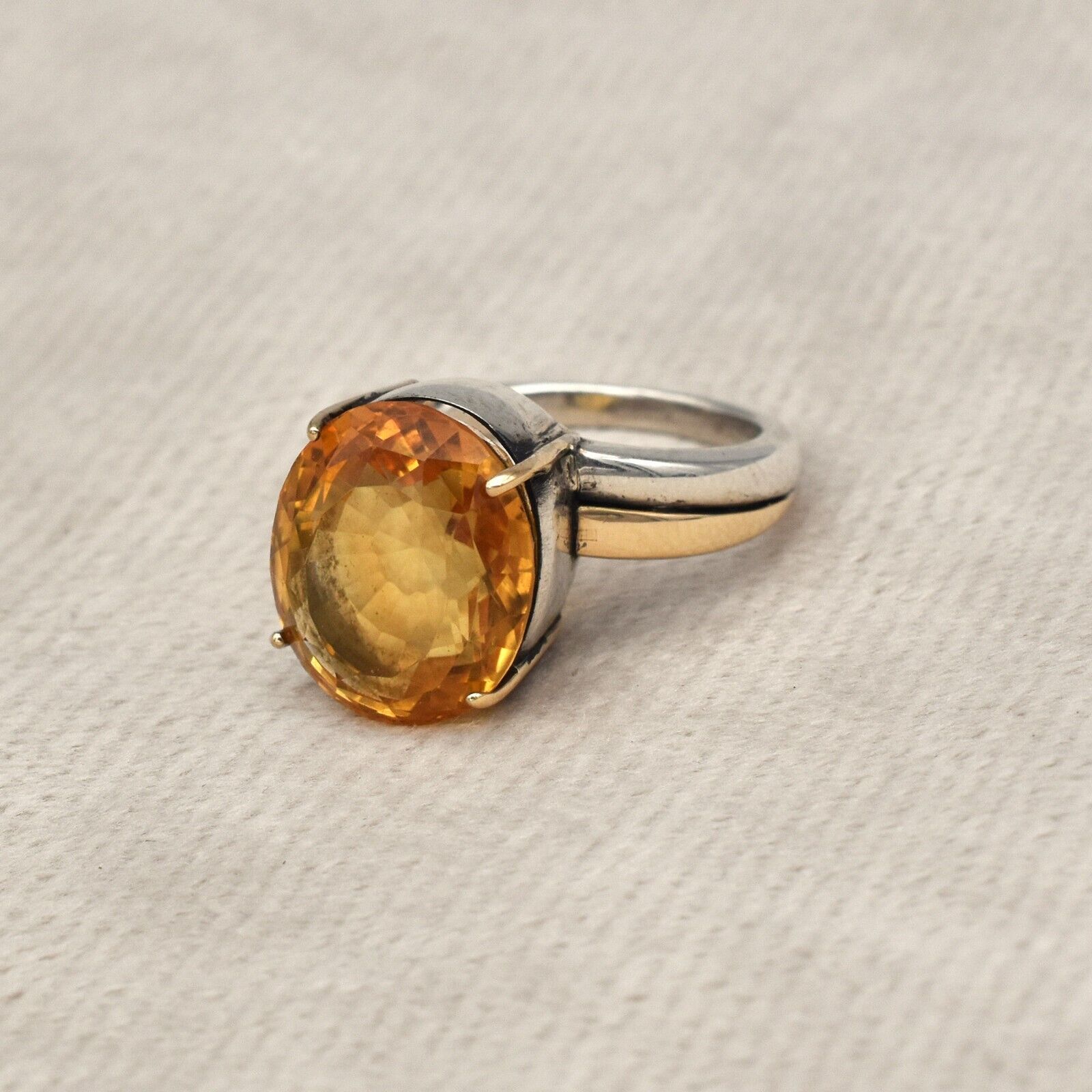 Vintage Yellow Citrine Ring 18k Gold 925 Silver Women Men November Birthstone