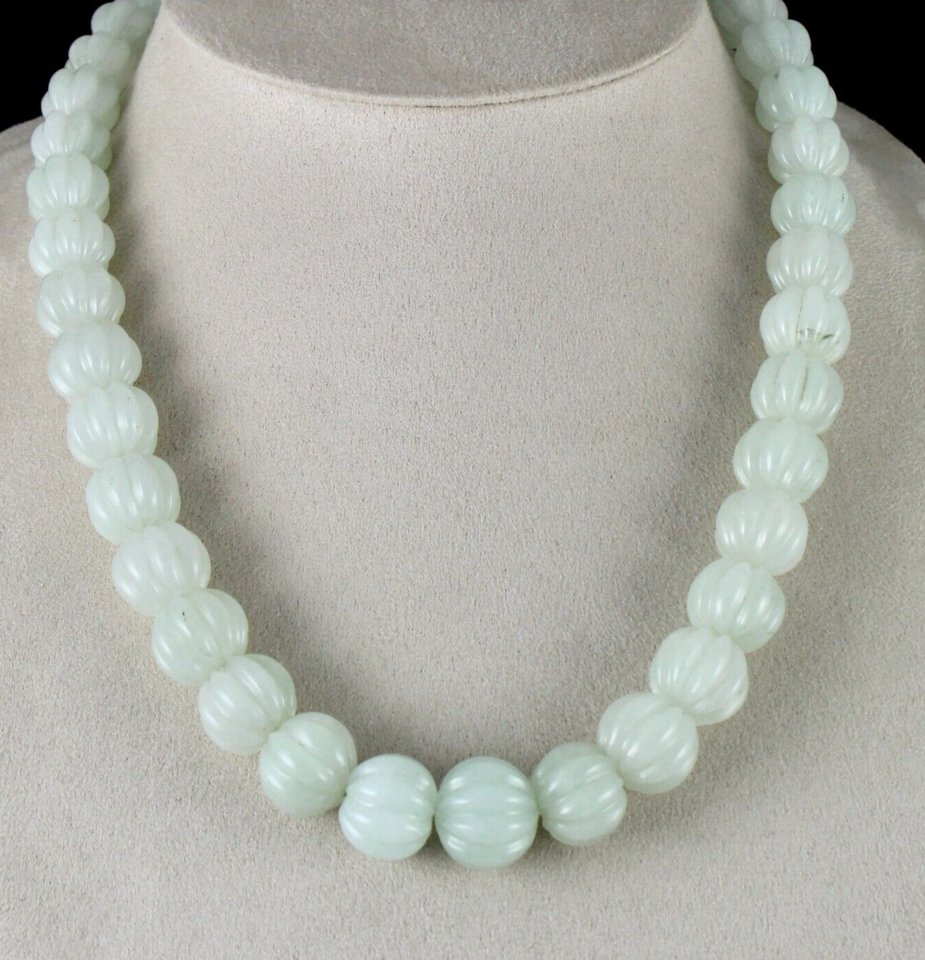 NATURAL INDIAN JADE MELON CARVED BEADS 1 L 828 CARATS GEMSTONE SILVER NECKLACE