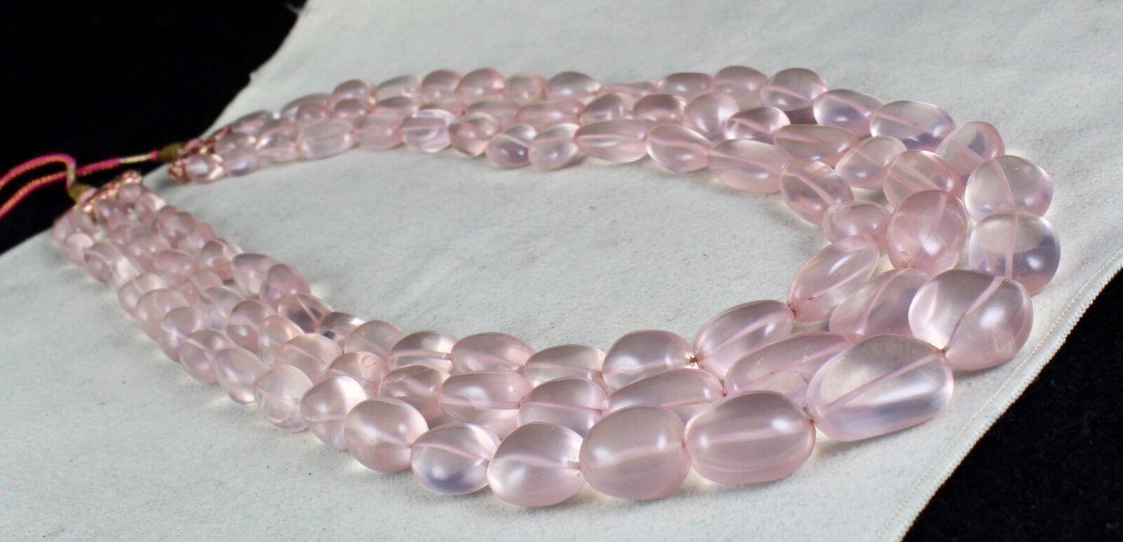 NATURAL ROSE QUARTZ BEADS CABOCHON 3 LINE 1415 CARATS GEMSTONE FASHION NECKLACE