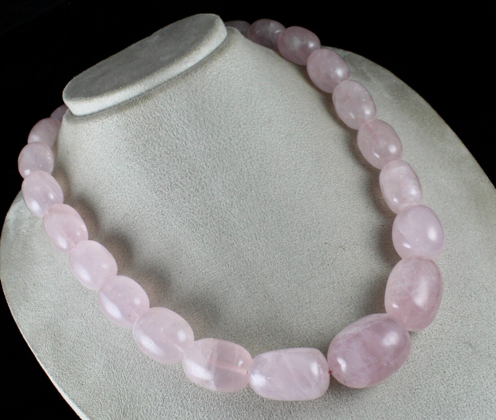 34MM NATURAL ROSE QUARTZ BEADS LONG CABOCHON 1642 CTS GEMSTONE SILVER NECKLACE