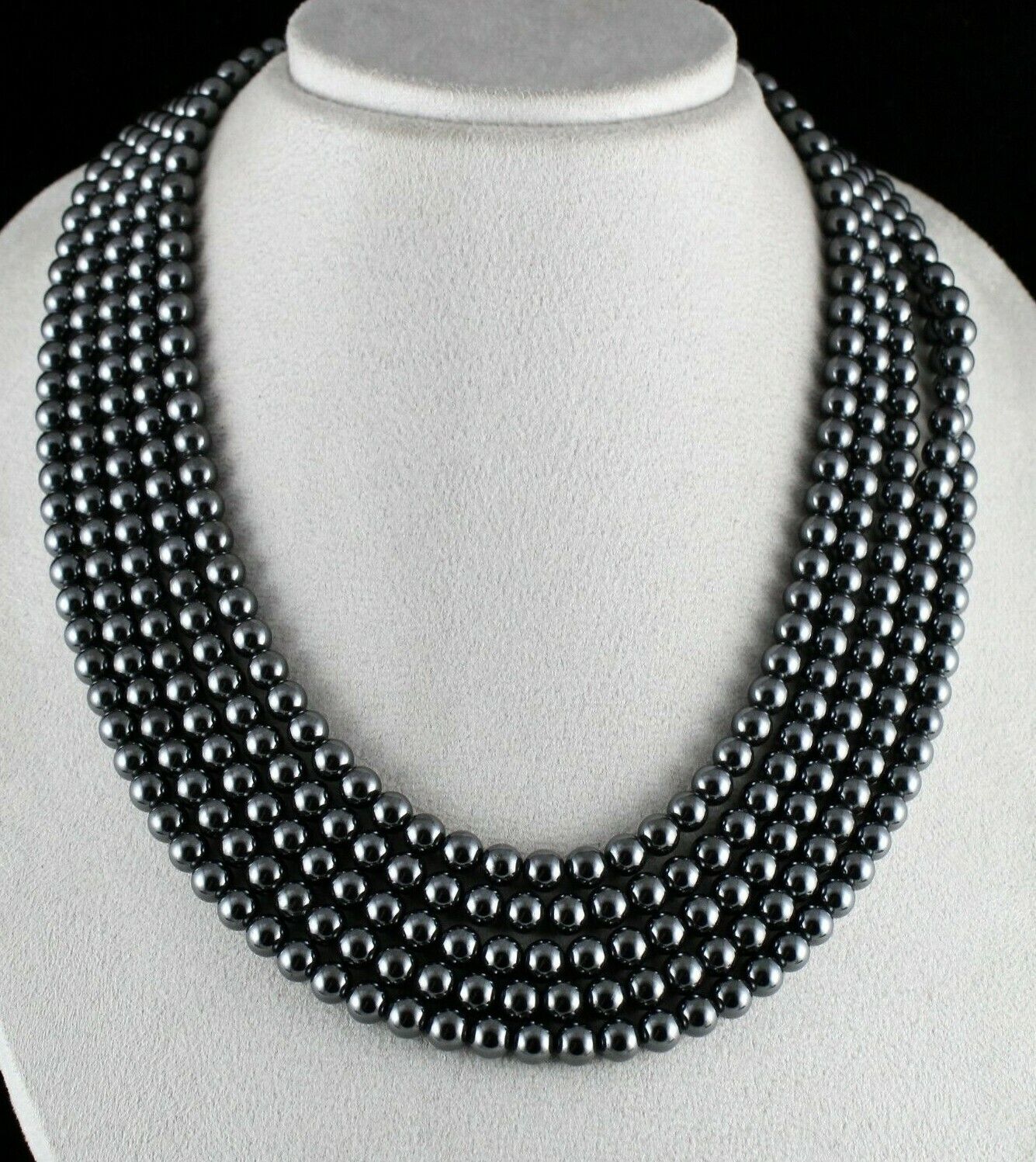 NATURAL HEMATITE BEADS 5 LINE 7MM 1630 CTS ROUND BLACK GEMSTONE FASHION NECKLACE