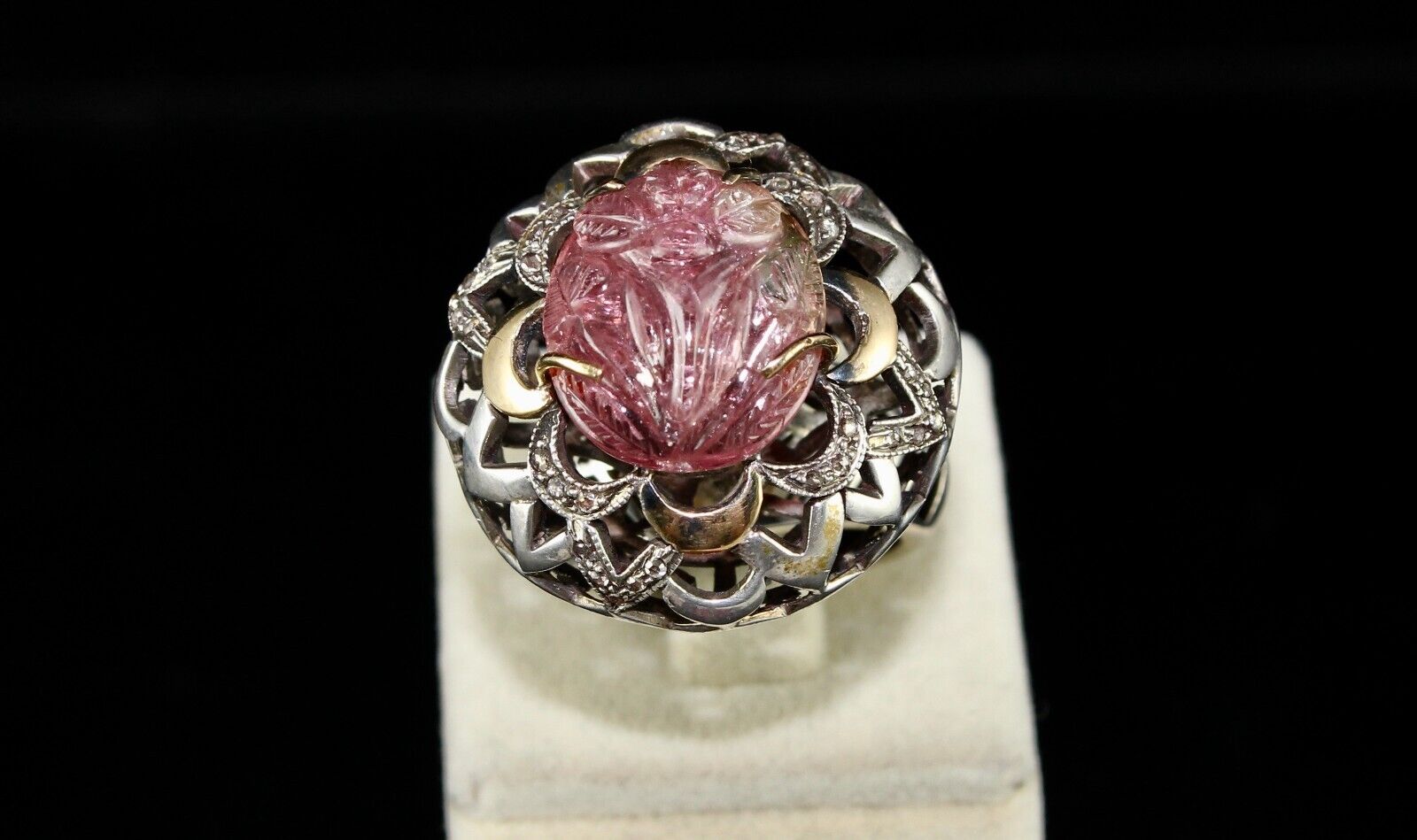 Antique Pink Tourmaline Carved Diamond 18k Gold Silver Cocktail Victorian Ring